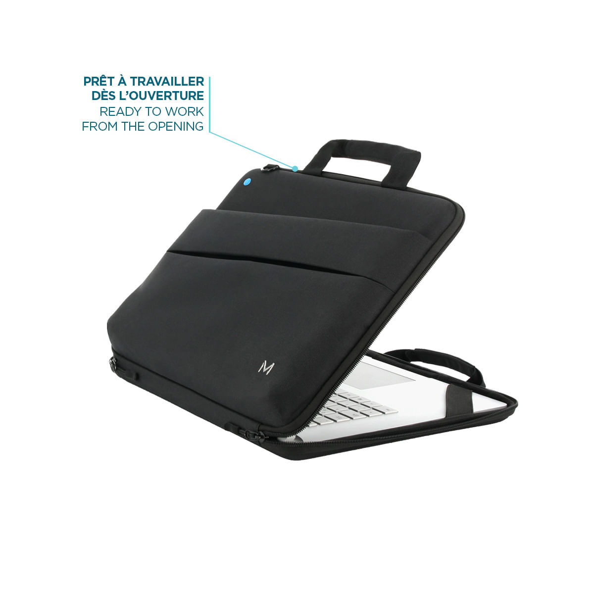 Borsa nera per laptop parzialmente aperta, rivela un laptop. Testo: 'Pronto all'uso'.