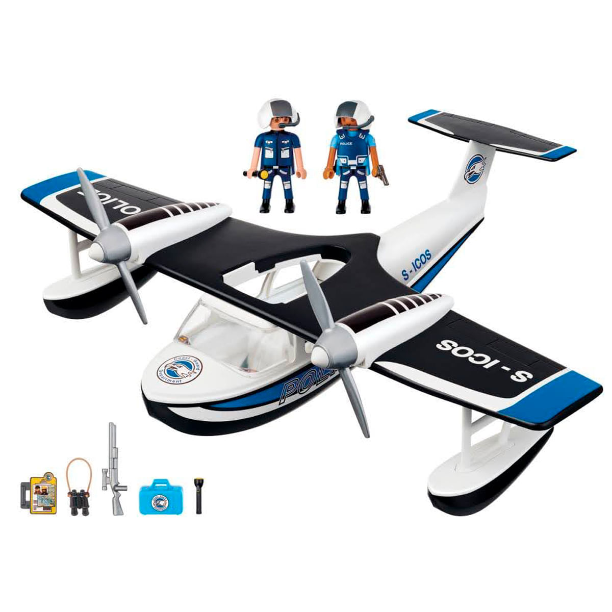 Un idrovolante giocattolo con due poliziotti, accessori e un set di attrezzi. L'aereo è nero, bianco e blu.