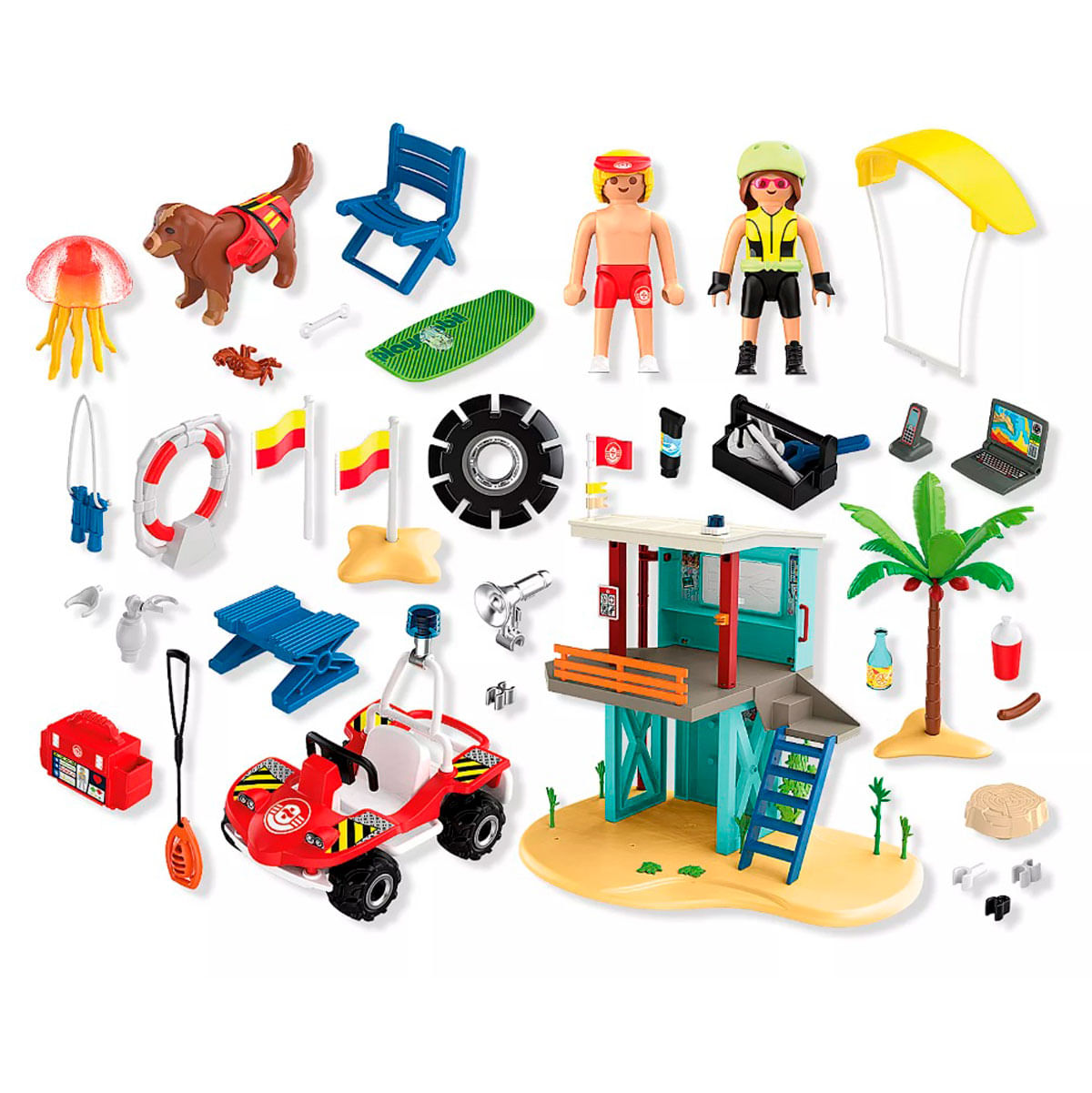 Una escena de playa con puesto de salvavidas, figuras, perro, vehículo de rescate y varios accesorios de playa. Colorido y juguetón.