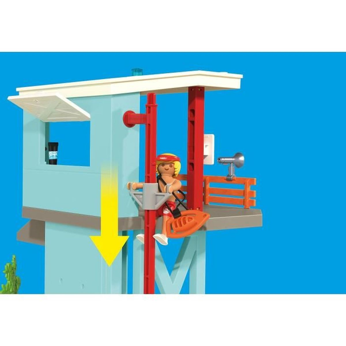 Una muñeca salvavidas en una torre, con una estructura de soporte roja. Hay una flecha amarilla hacia abajo. El fondo es azul.