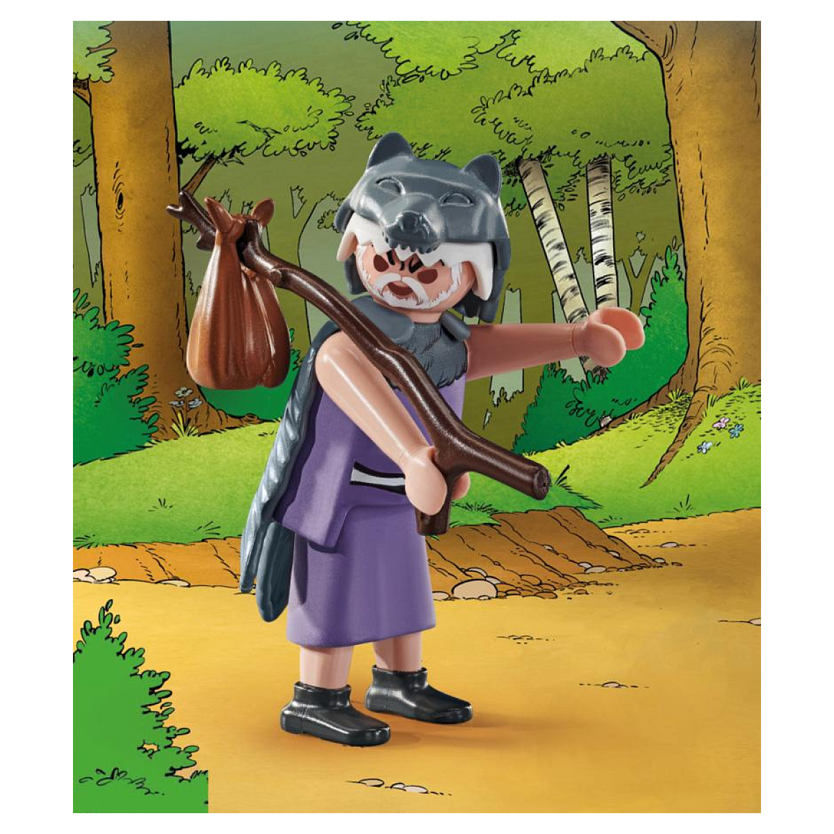 A figure in a wolf hat, carrying a bag on a stick. It's wearing a purple tunic, black boots, and stands on a path in a forest.
