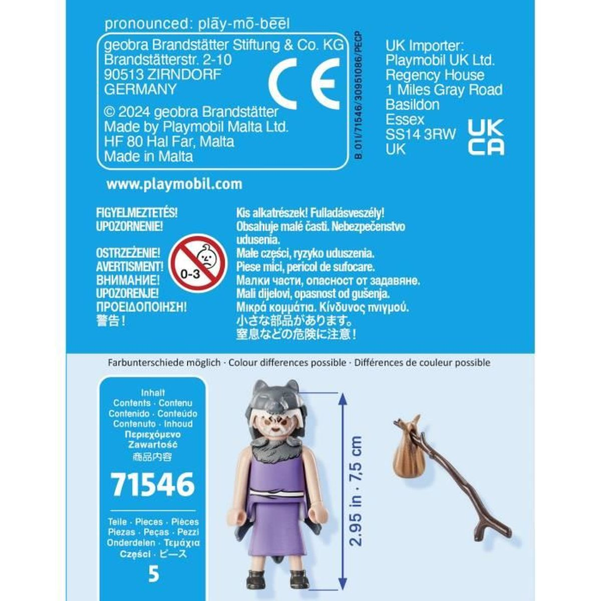 A Playmobil figure in wolf attire with a satchel and a stick. The packaging is white with text and warnings.