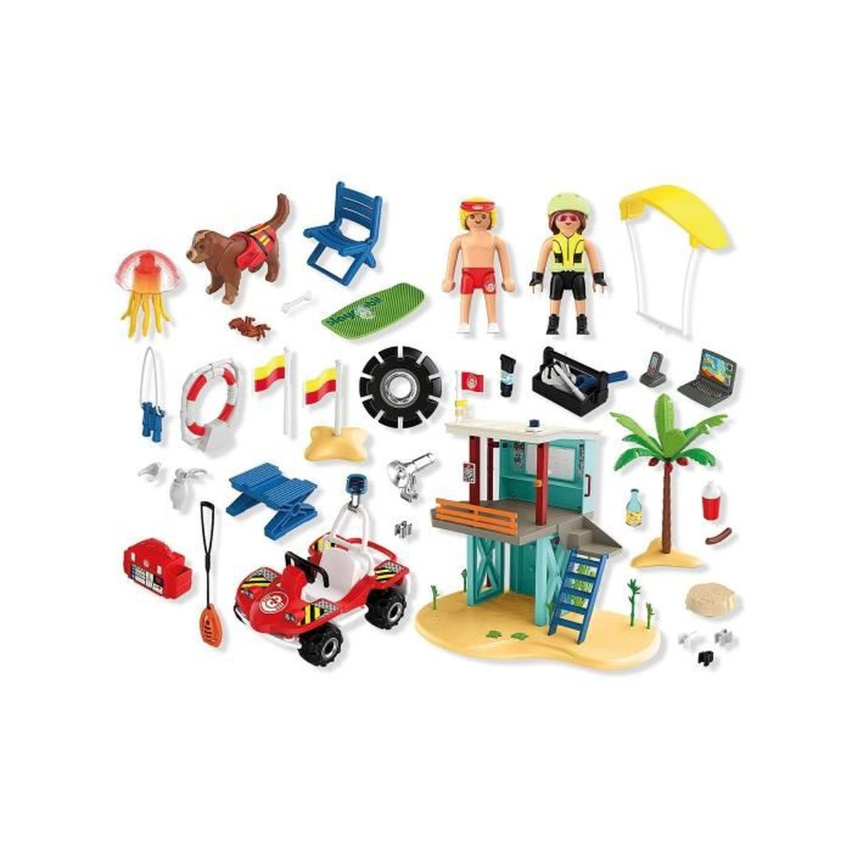 Una colección de juguetes de playa, que incluye figuras de salvavidas, un perro, un jeep, una estación de salvavidas y otros accesorios de playa.