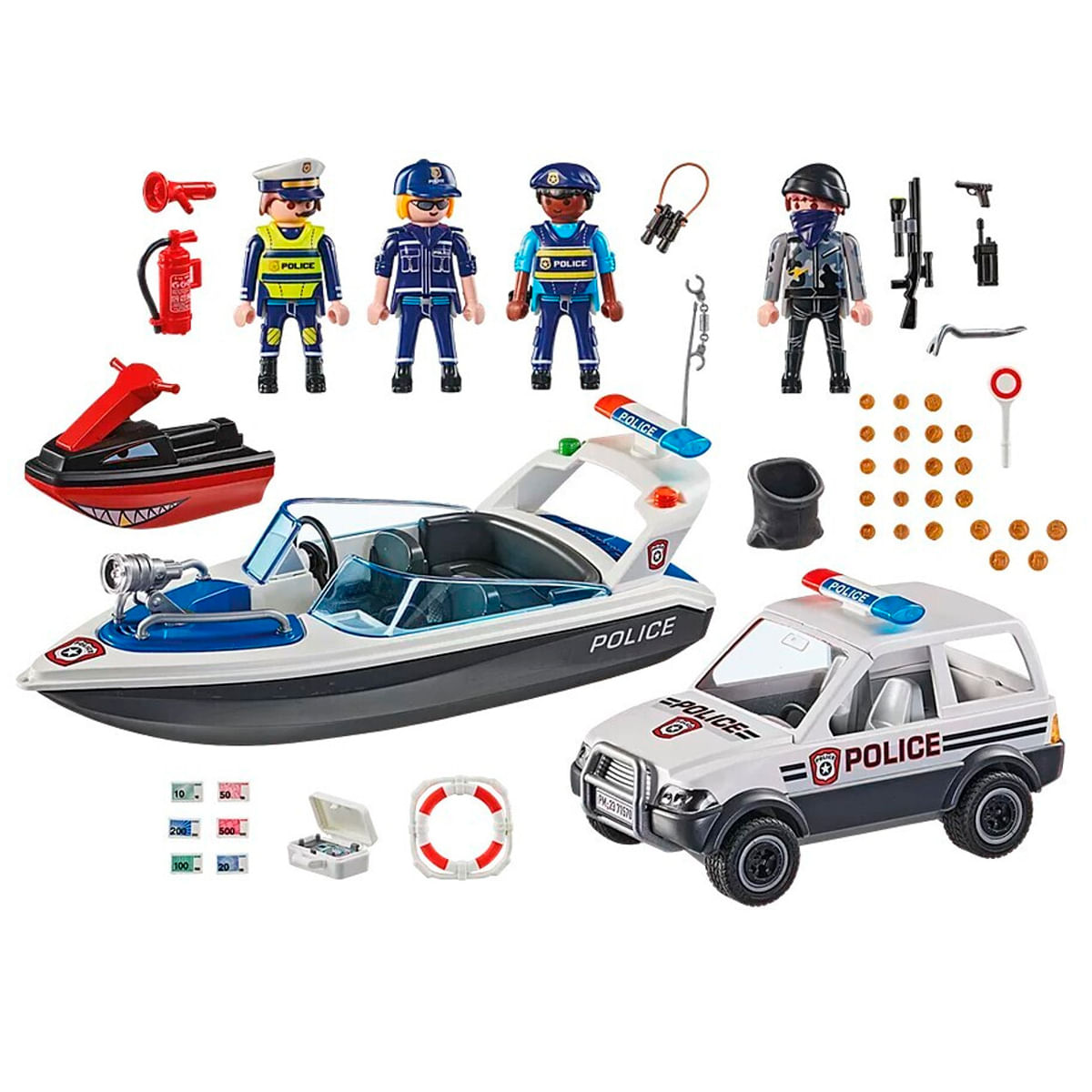 Un juego de juguetes de policía con figuras, barco, coche y accesorios como armas, dinero y un salvavidas, todo sobre fondo blanco.