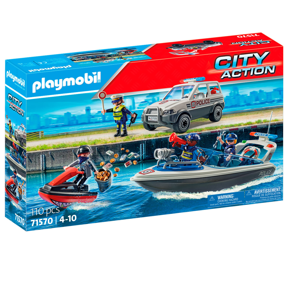 Set Playmobil City Action. Incluye lancha de policía, moto acuática, coche de policía, figuras y accesorios. Presenta una escena de robo con dinero.