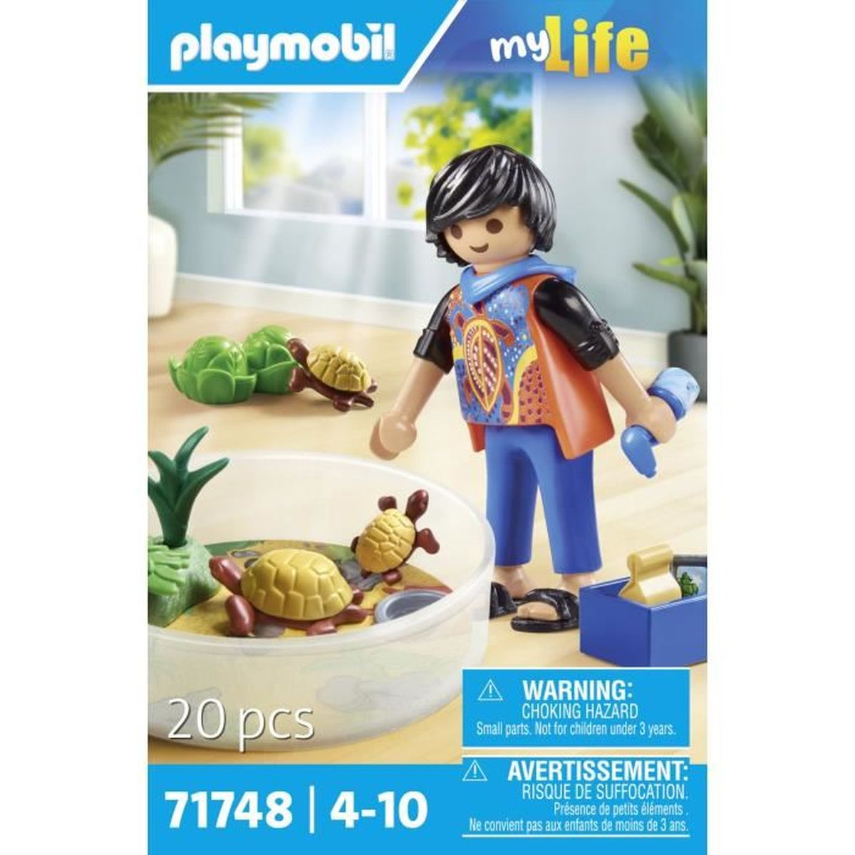 Un set de Playmobil con una figura, tortugas y accesorios. Incluye una advertencia para piezas pequeñas. El fondo muestra plantas y una ventana.