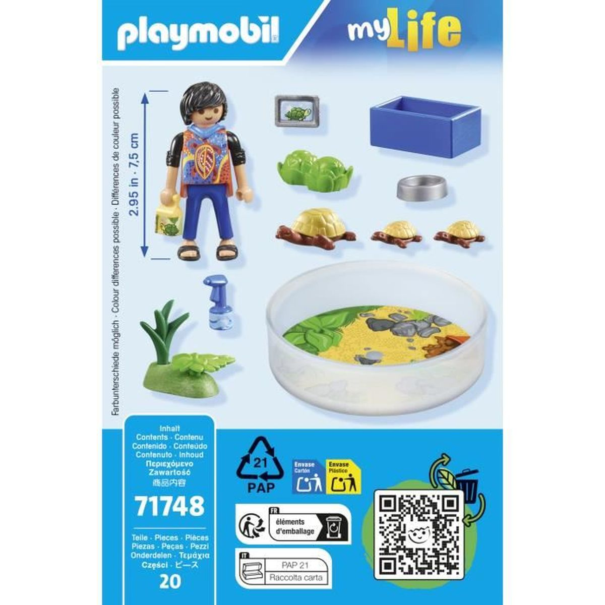 Un set de Playmobil con una figura, tortugas y accesorios. La caja incluye un código QR e información de reciclaje.