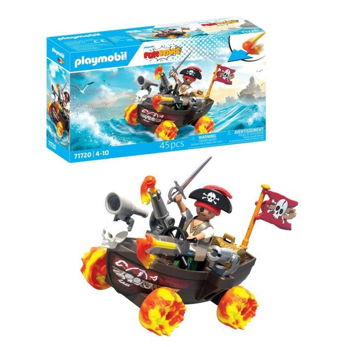 Un juego de juguetes de barco pirata Playmobil. Incluye una figura de pirata, barco con llamas, cañones, banderas de calaveras y una caja con la misma imagen.