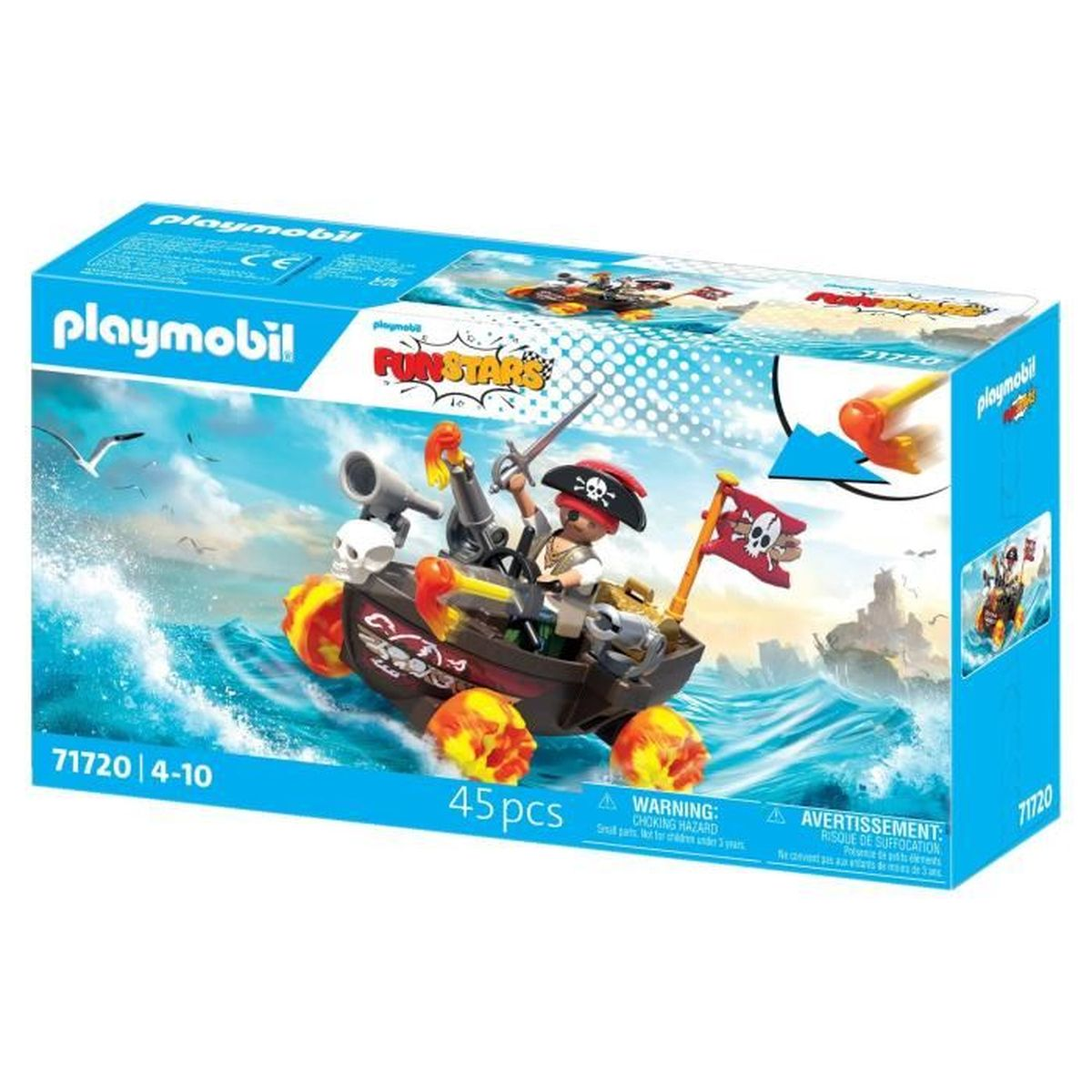 Set de juguetes de barco pirata Playmobil. La caja muestra un pirata en un barco navegando sobre olas. Una bandera roja con calavera.