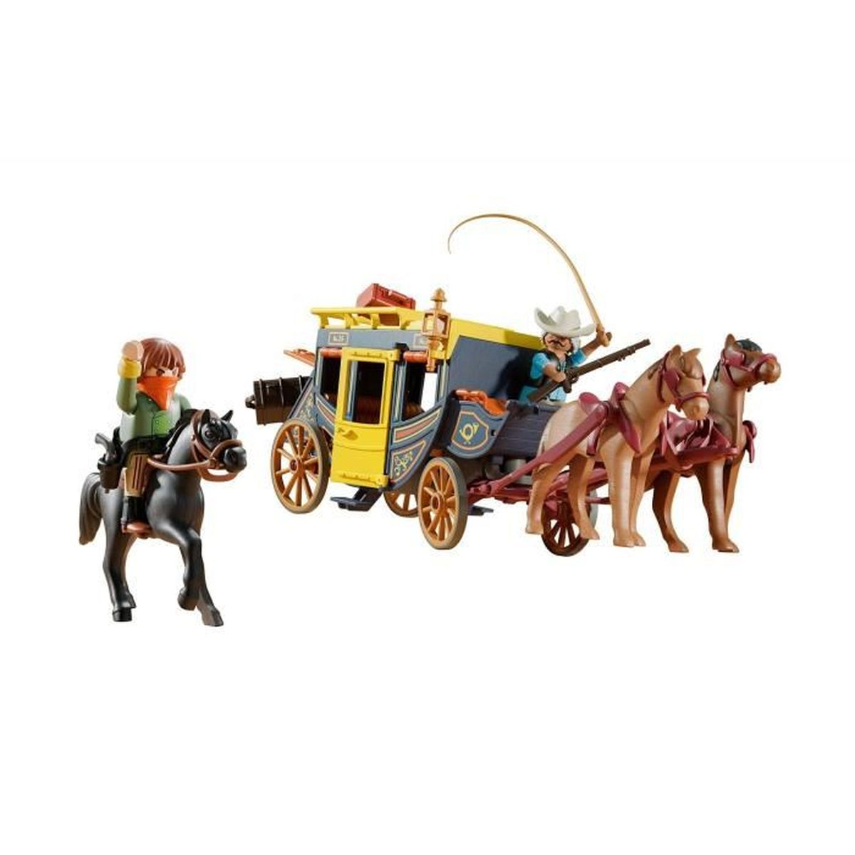 Coche de juguete con dos caballos, un jinete con látigo y un caballo con jinete. El coche es amarillo y azul.