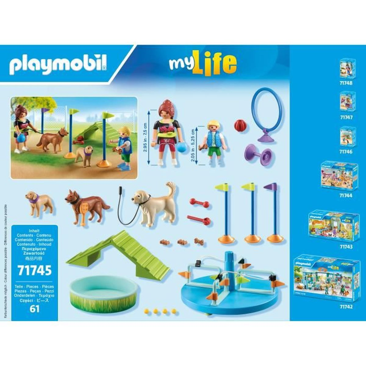 Zestaw Playmobil My Life z motywem szkolenia psów. Zawiera figurki, psy, sprzęt do agility i pudełka. Zestaw jest dla dzieci.