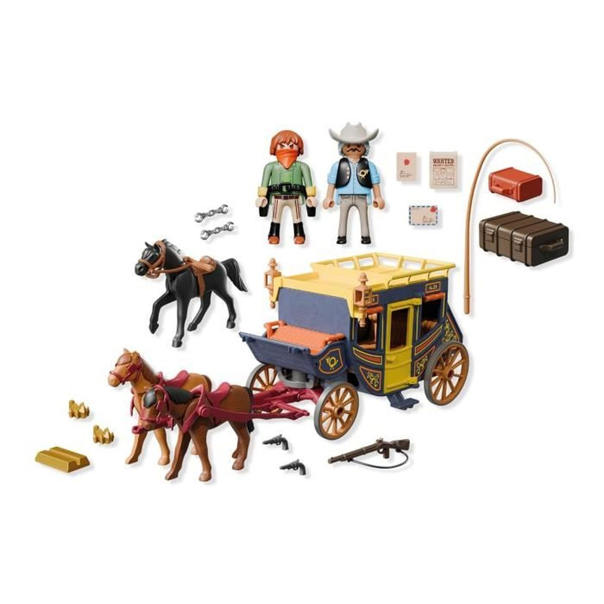 Una diligencia de juguete con caballos, figuras, armas y accesorios. Las figuras incluyen un vaquero y un bandido. Barras de oro y carteles de búsqueda.