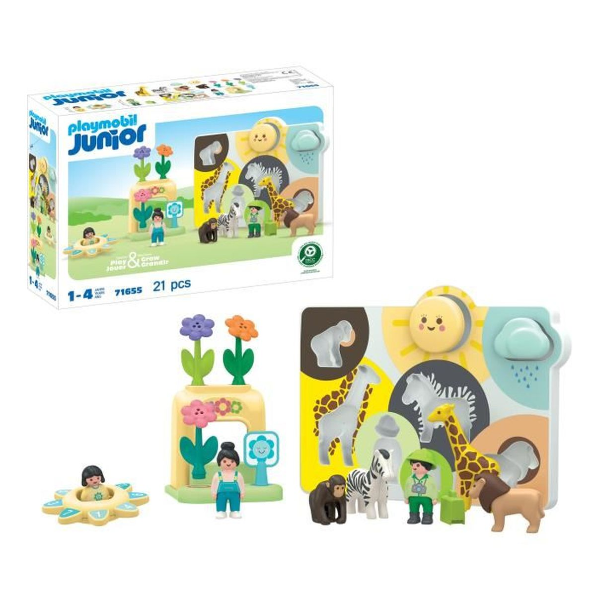 Un set de caja Playmobil Junior con juguetes de animales y figuras. Incluye jirafas, cebras, un león, flores y una figura de niña.