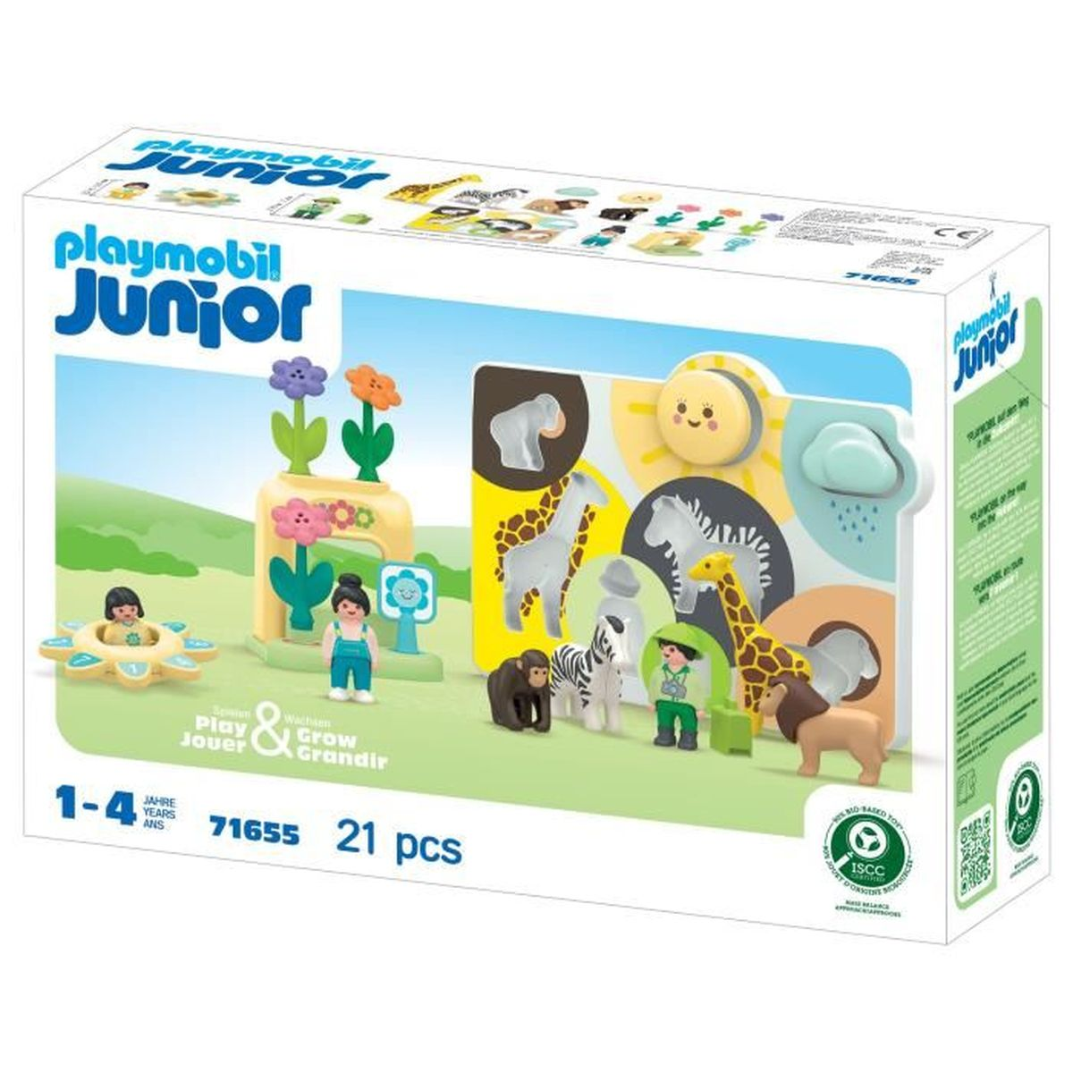 Set de caja Playmobil Junior con figuras y animales. Presenta jirafas, cebras, un león y pequeñas figuras humanas, todo en un diseño brillante.