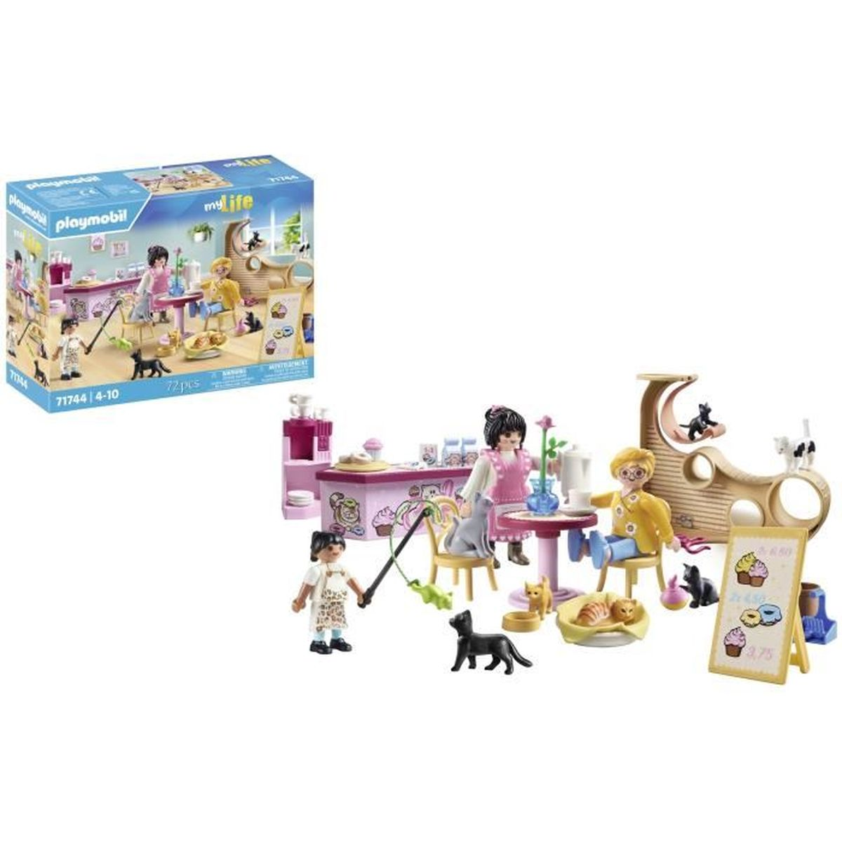 Set de Playmobil que representa una cafetería para gatos. Las figuras interactúan con gatos, comida y muebles. Una caja muestra el set completo.