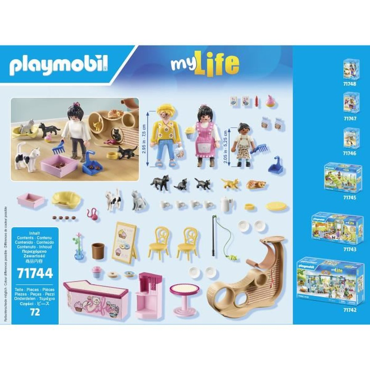 Set Playmobil con figuras, gatos, muebles y accesorios. Incluye una cafetería de gatos, sillas y varios elementos de juego.
