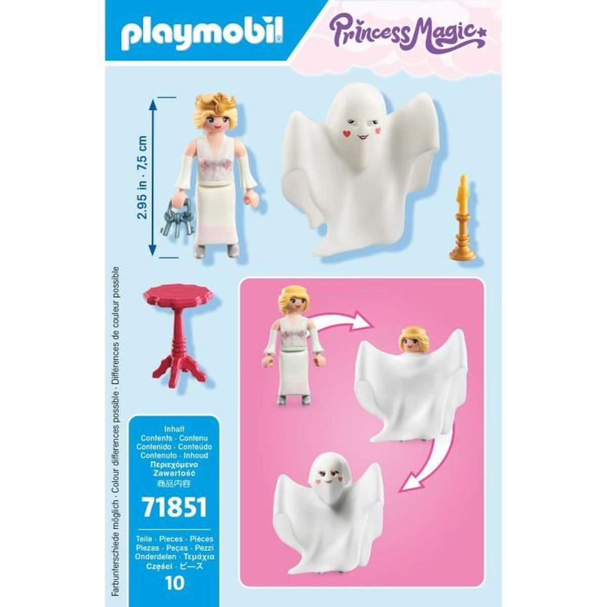 Playmobil Princess Magic set. Bevat een prinses, een geest, een kandelaar en een rode tafel. Het setnummer is 71851.