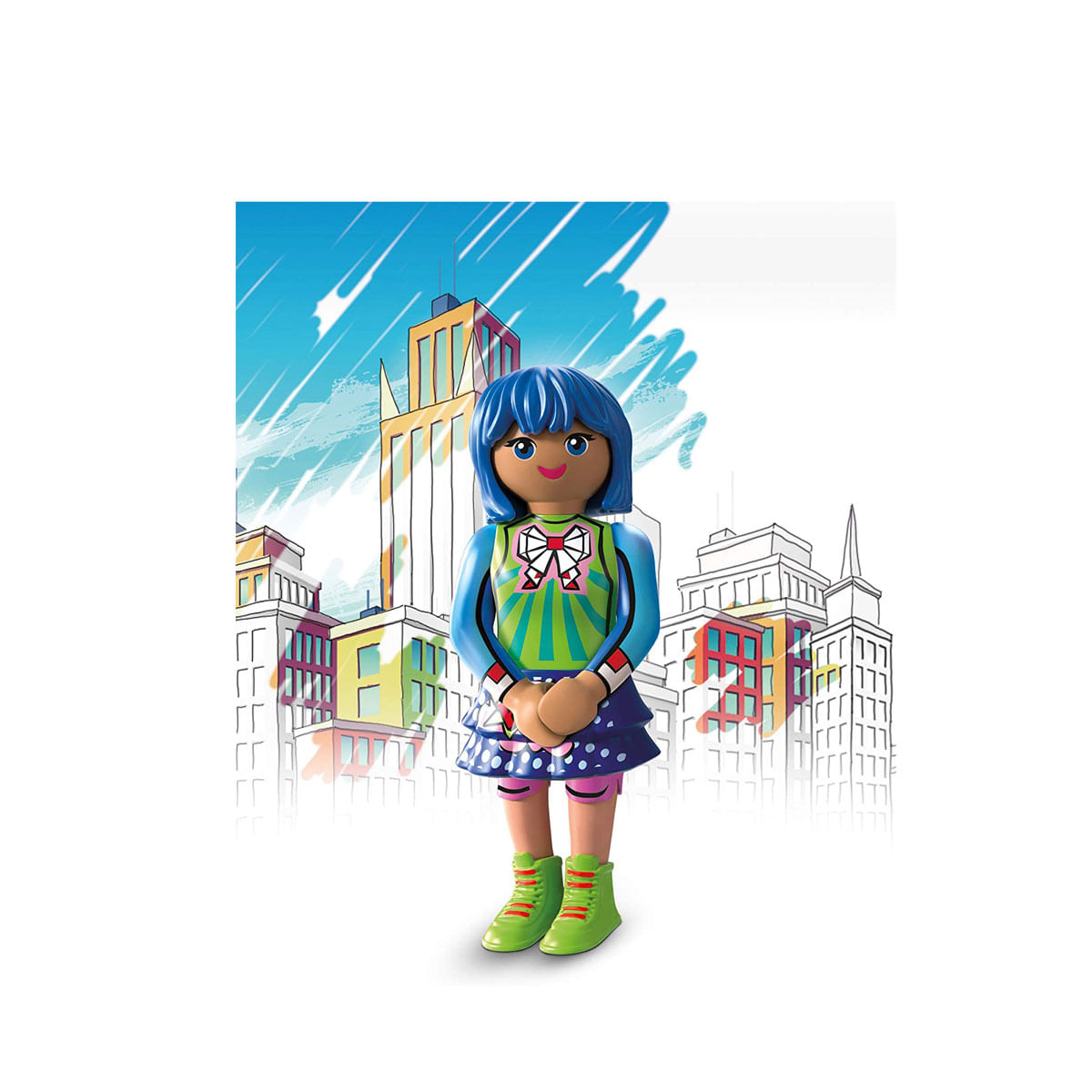 A toy figure of a girl with blue hair stands in front of a city backdrop. She wears a colorful outfit and green shoes.