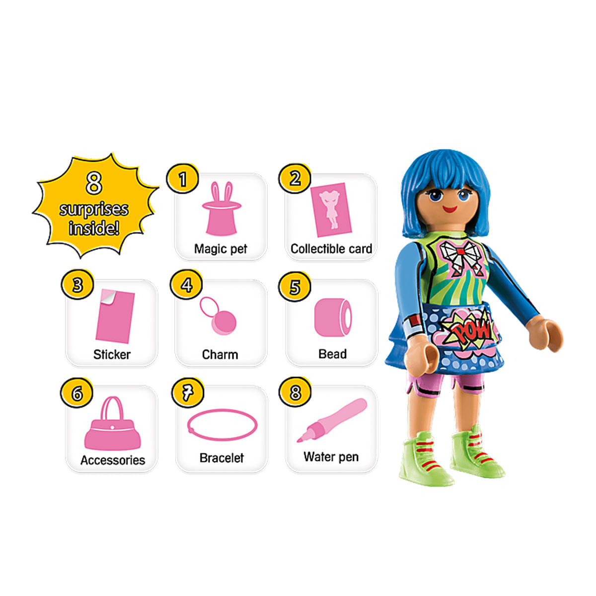 A girl doll with blue hair and colorful outfit stands next to icons representing accessories, stickers, and a magic pet. 