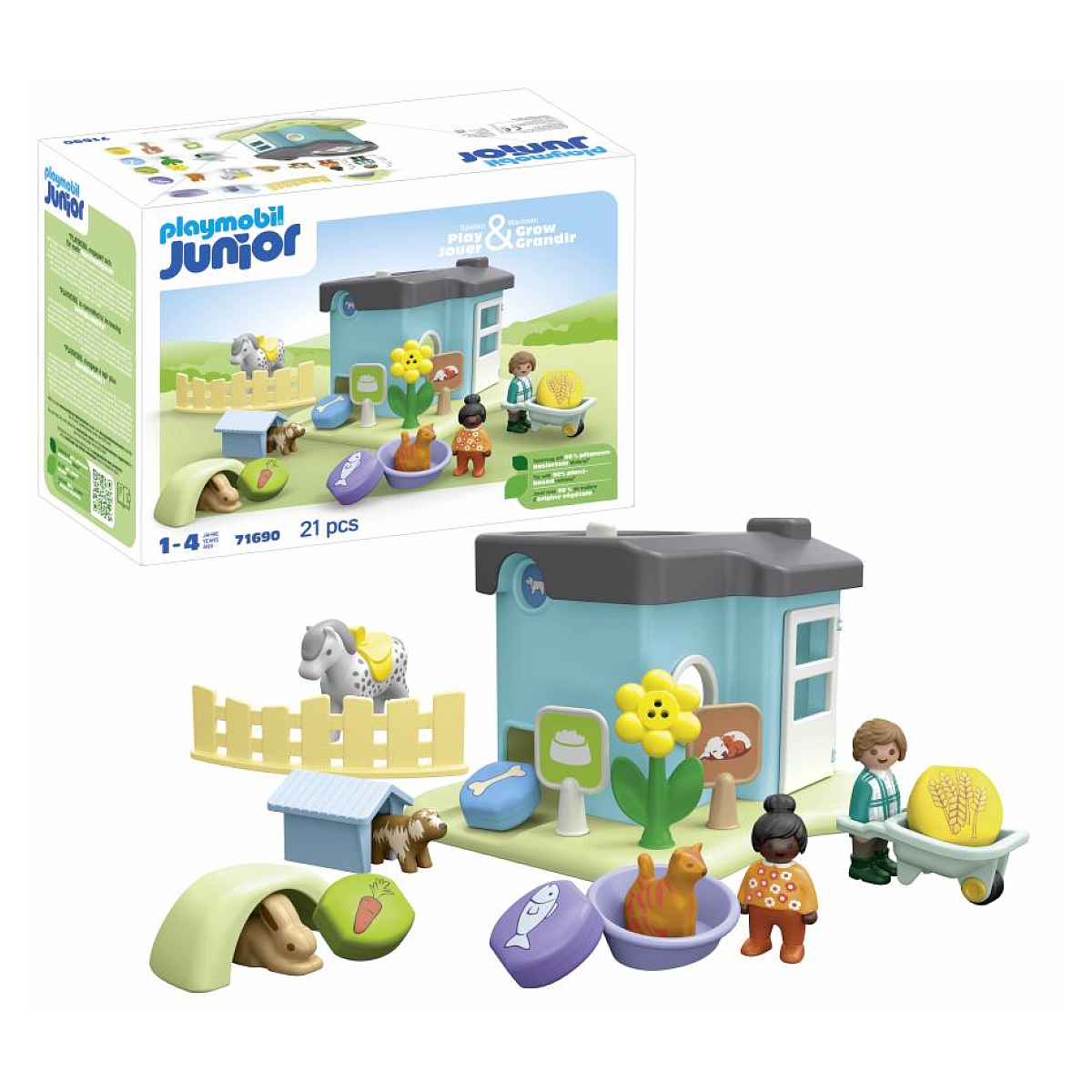 Set Playmobil Junior. Vengono mostrati una casa blu, figure, animali e accessori. Una scatola si trova in alto a sinistra.