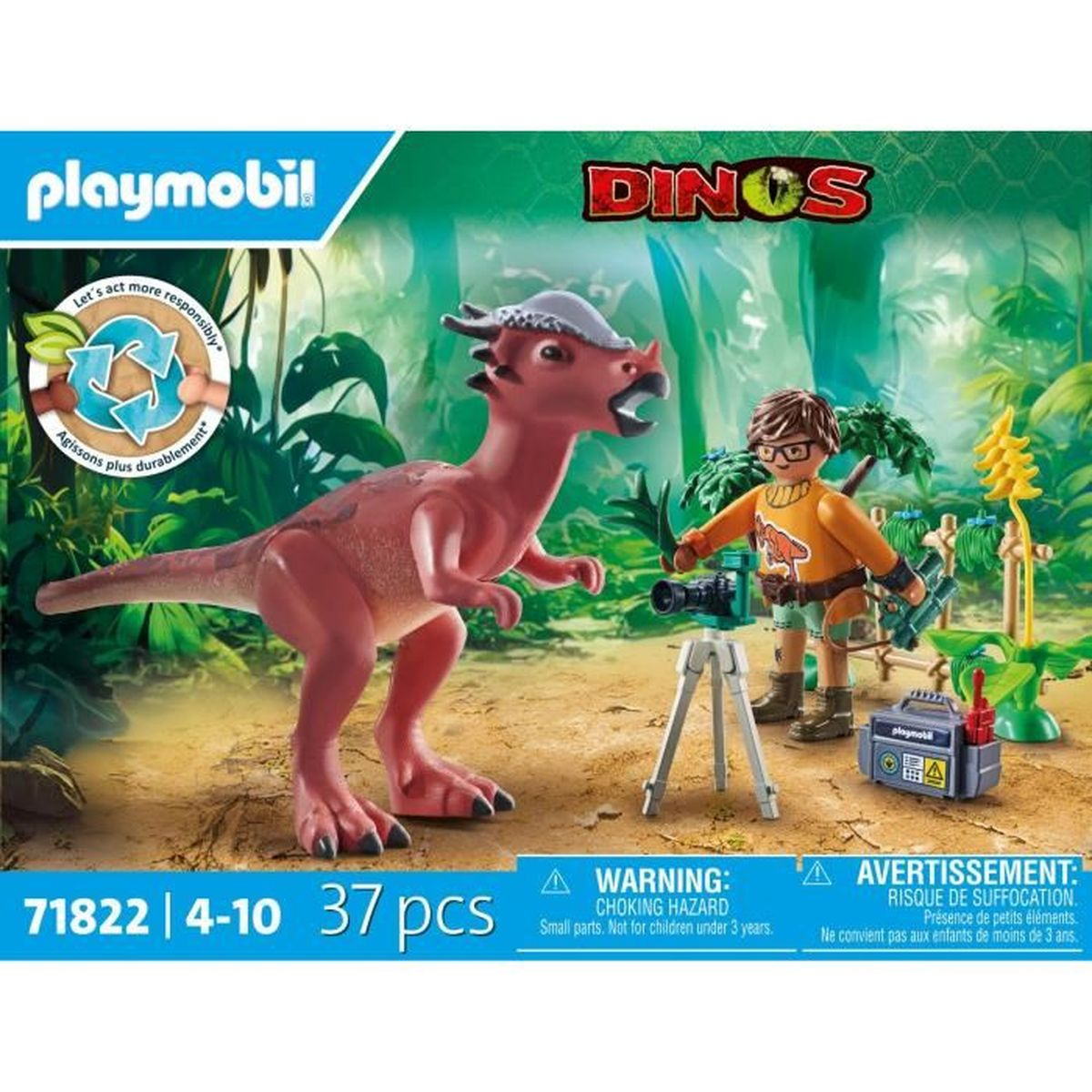 Un set de Playmobil representa un juguete de dinosaurio rojo, una figura con gafas, una cámara y un juguete de dinosaurio. El fondo tiene un diseño de hojas verdes.