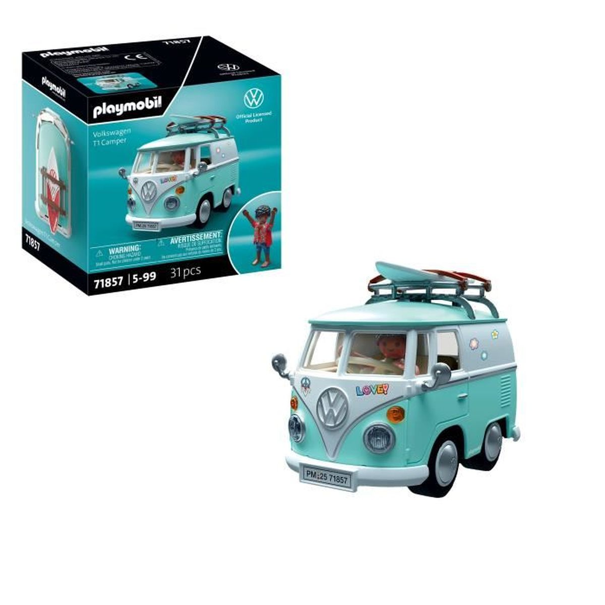 Un juguete Playmobil Volkswagen T1 Camper van en verde azulado y blanco, con una tabla de surf encima. Una caja con el mismo diseño de furgoneta es visible.