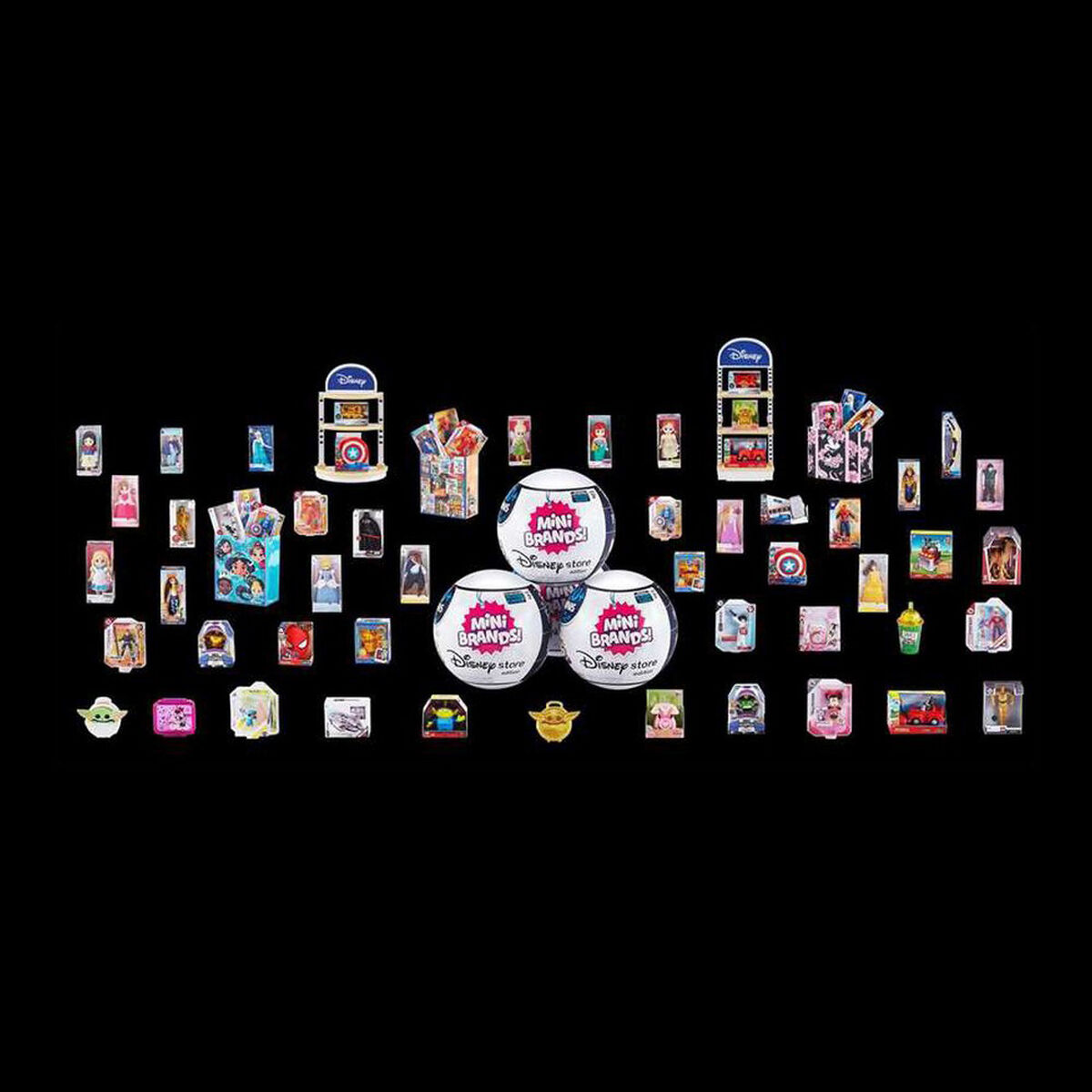 Una colección de juguetes y objetos de colección Disney Mini Brands, incluyendo bolas, cajas y figuras de personajes, sobre fondo negro.