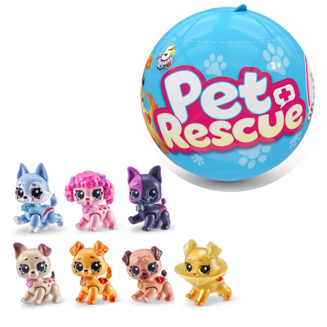 La imagen muestra una bola azul con el texto 'Pet Rescue' y varios cachorros de juguete de diferentes colores y estilos.