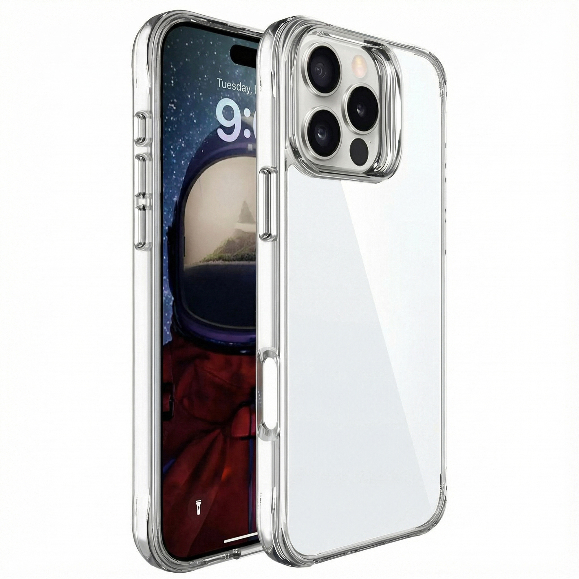Transparante telefoonhoes op een telefoon met een astronautenachtergrond. De hoes heeft een camerabult en knoppen.
