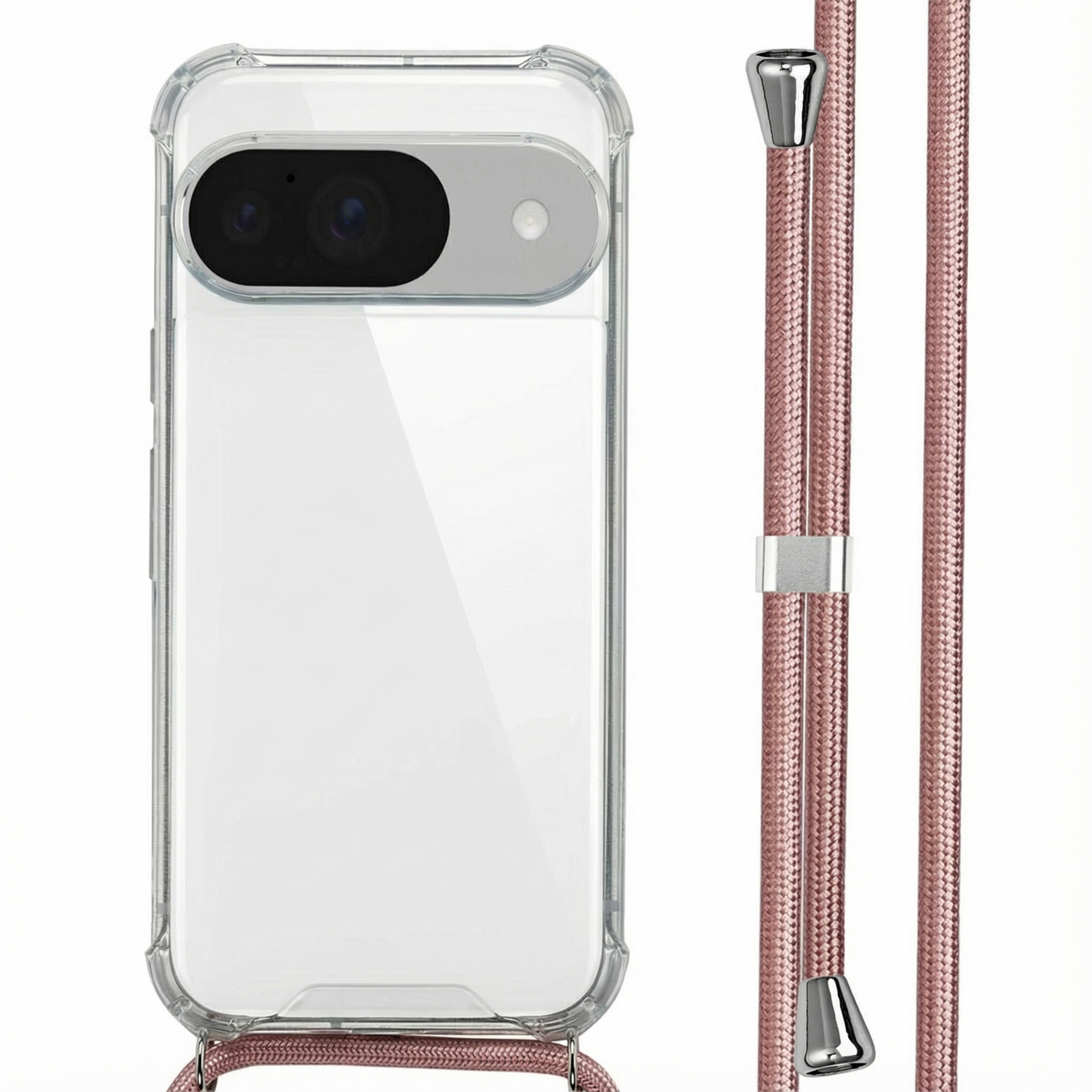 Transparente Handyhülle mit rosa Kordel. Das Telefon hat eine Kameraausbuchtung. Die Kordel hat silberne Metallteile.