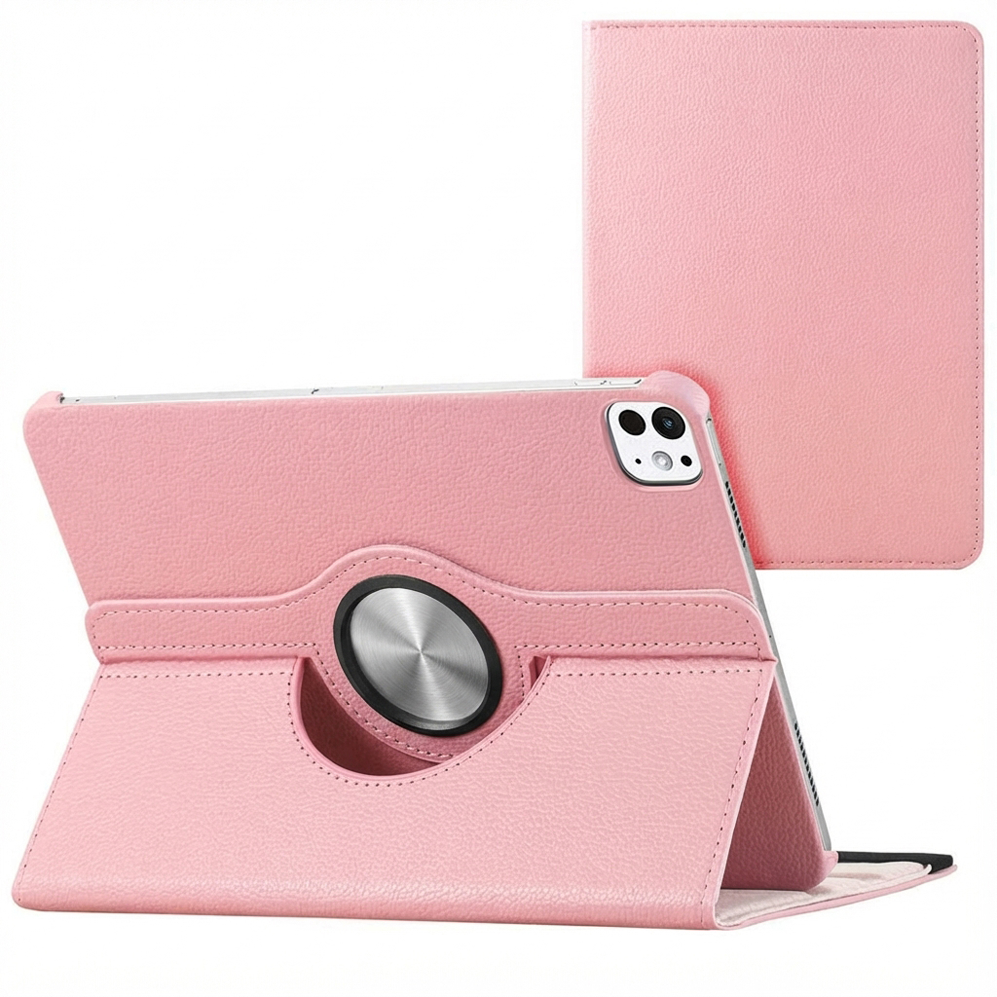 Pink tablet case with stand. Features a rotating metal ring. A separate cover is seen.