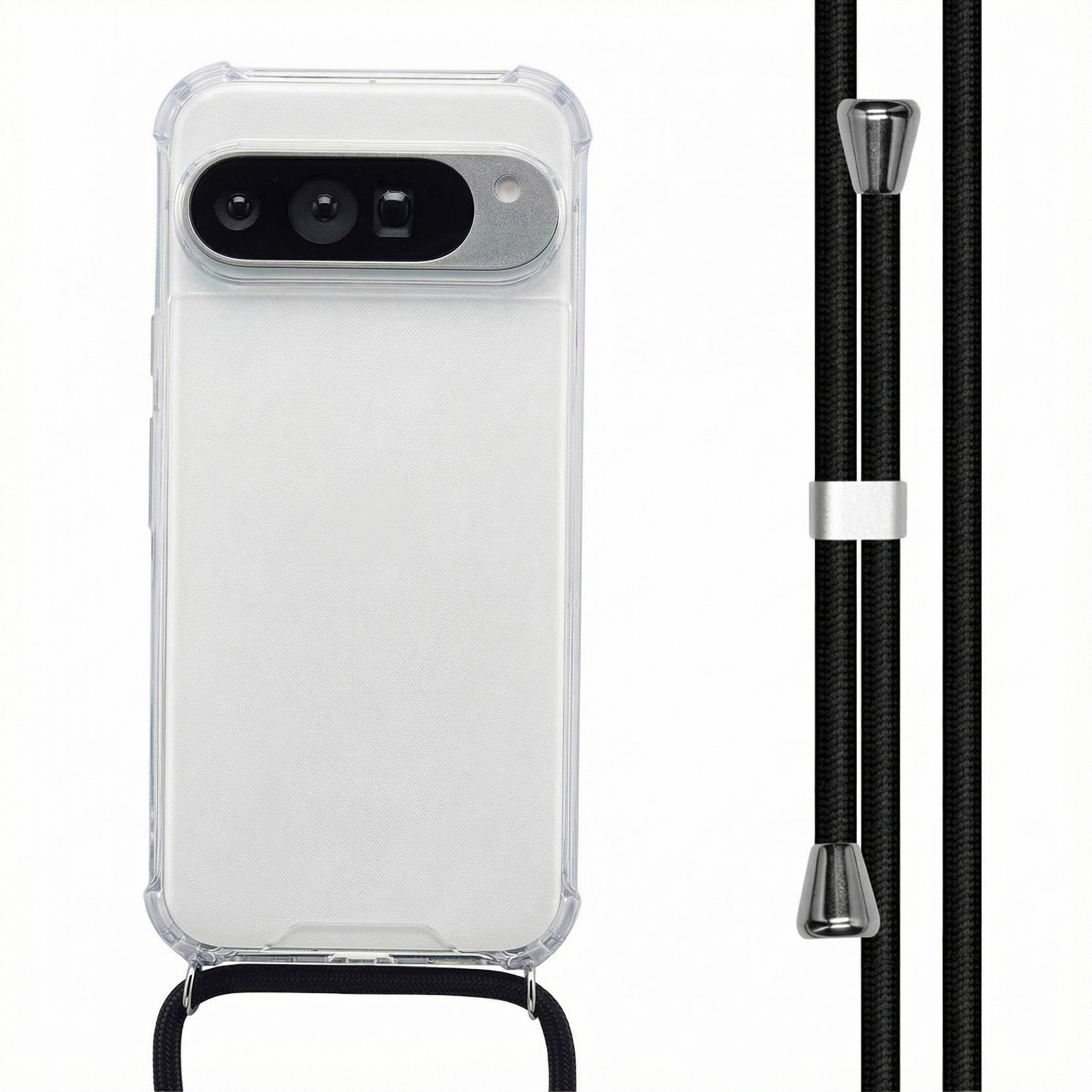 Een doorzichtige telefoonhoes met zwarte band en zwart snoer. De telefoon heeft een camera. De achtergrond is wit.