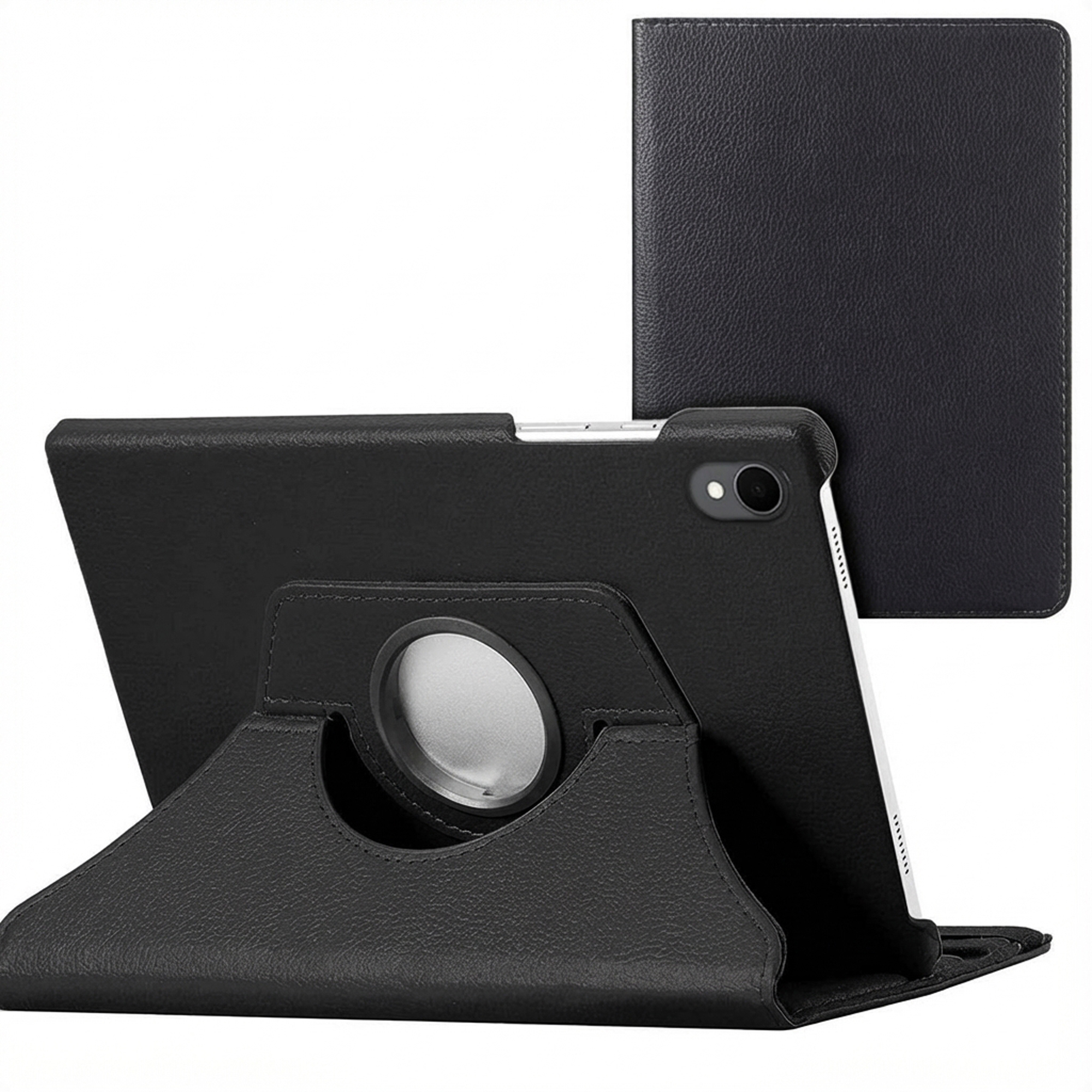 Tablette noire dans un étui en cuir noir. L'étui a un support et un mécanisme rotatif.