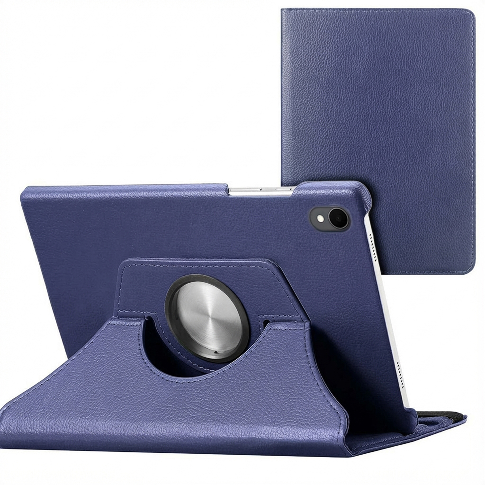 Un étui de tablette bleu avec un support. La tablette est dans l'étui, qui a une bague rotative. Une autre partie de l'étui est visible.