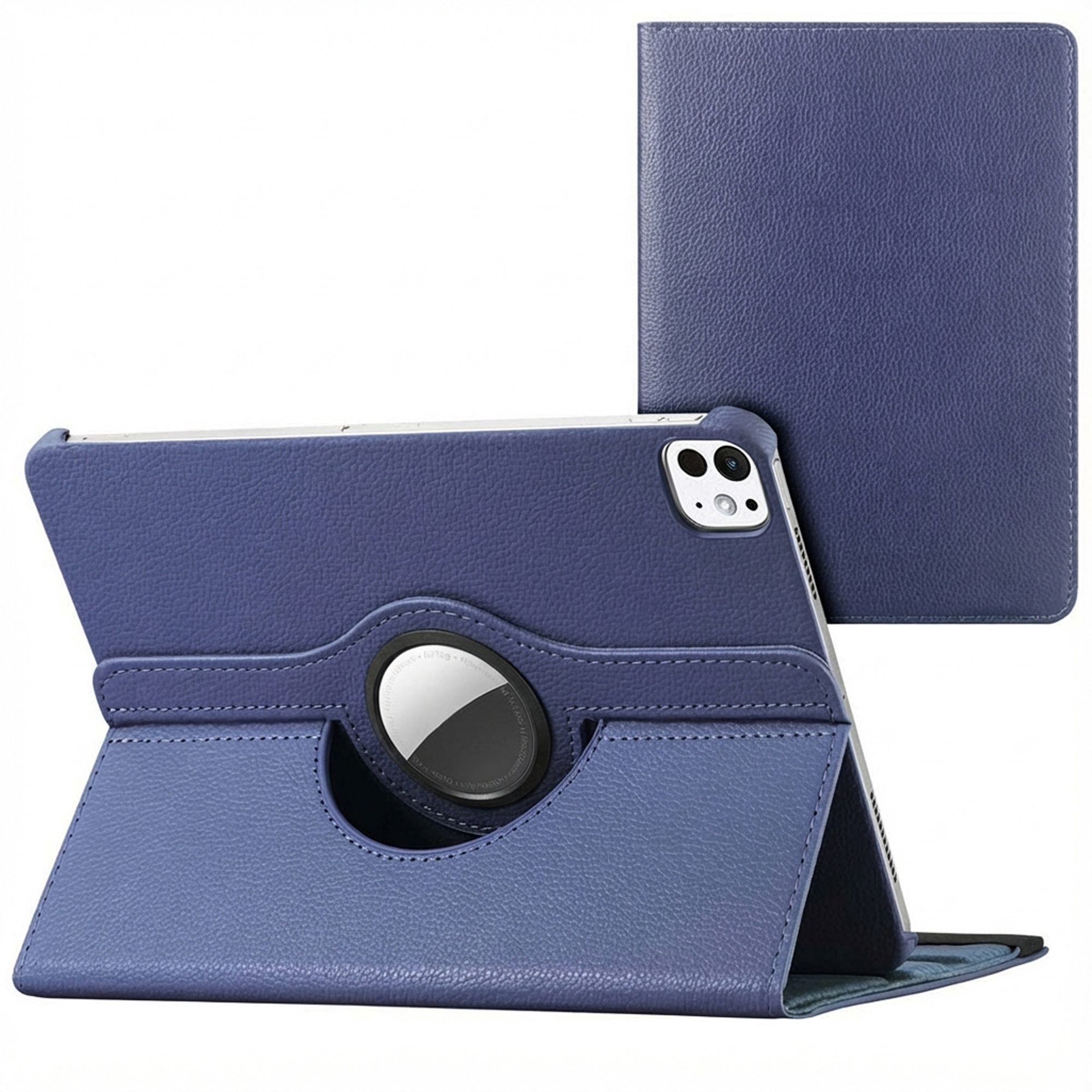 Blue tablet case with a rotating stand, and a separate cover. The case has a textured surface and holds the tablet upright.