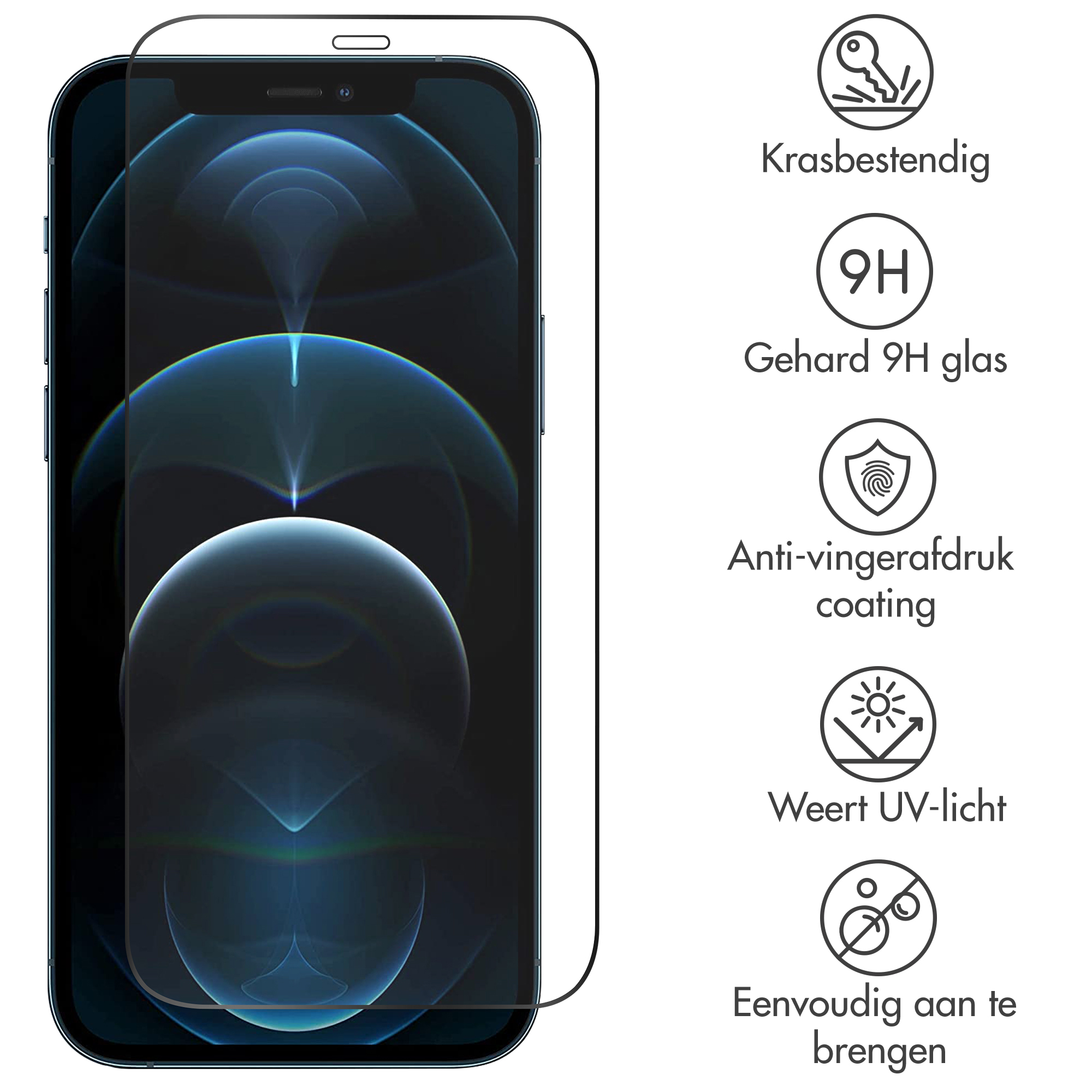 A phone screen protector is shown. It has features like scratch resistance, 9H glass, anti-fingerprint coating, and UV light protection.