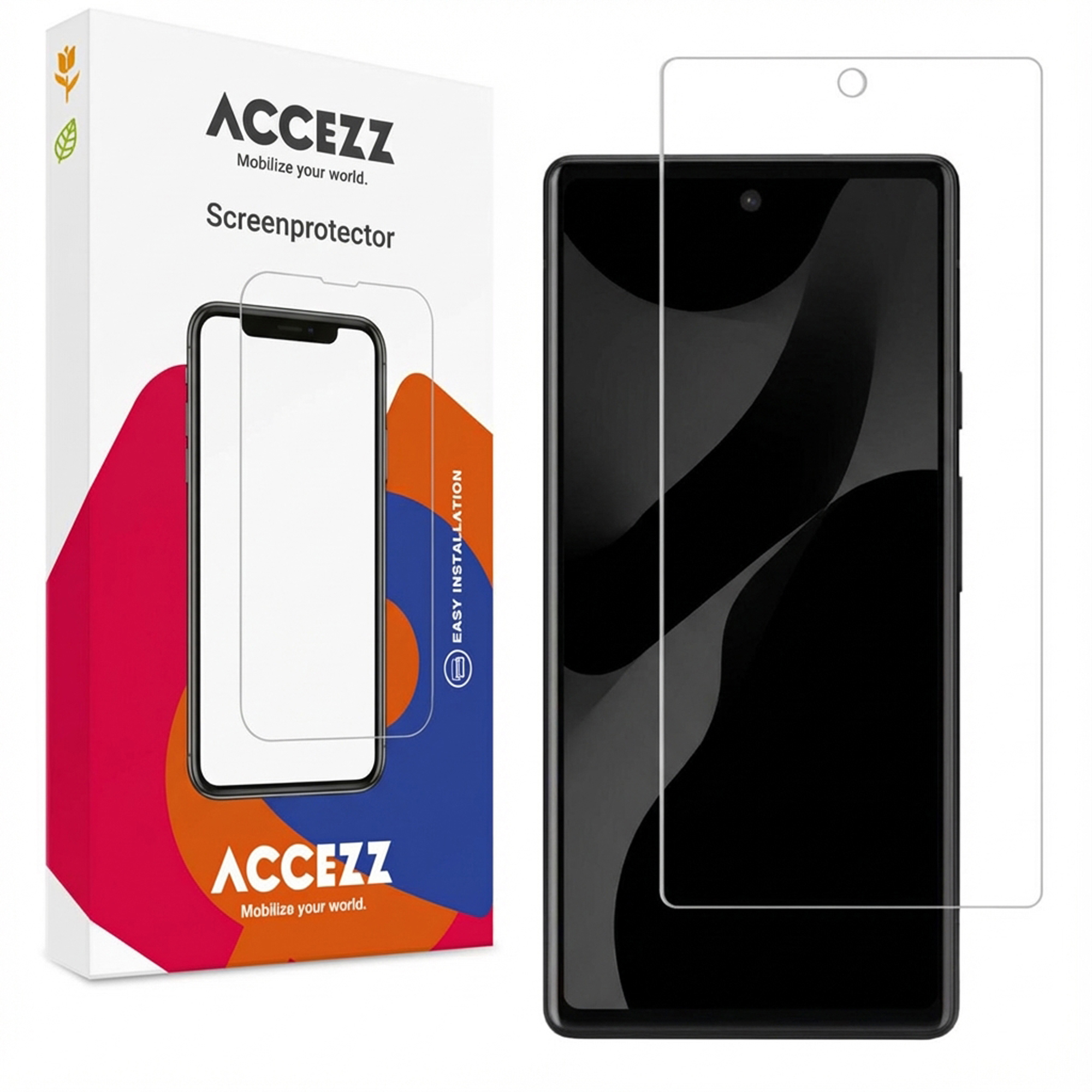 Un téléphone et une boîte de protection d'écran sur fond blanc. Le téléphone est noir, avec une protection transparente à côté.