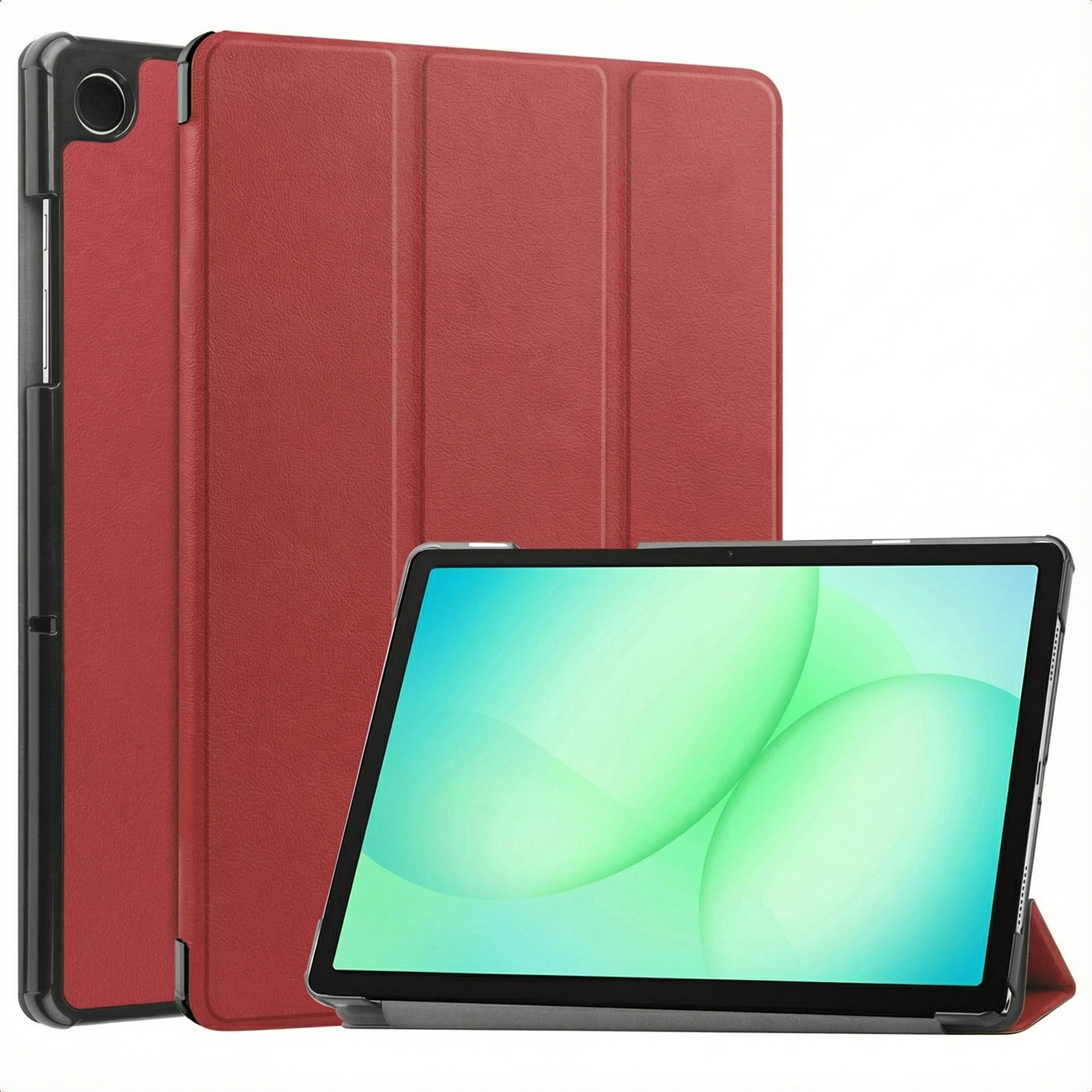 Tablet met rode hoes, open om scherm met groene en blauwe achtergrond weer te geven. De hoes staat op een witte achtergrond.