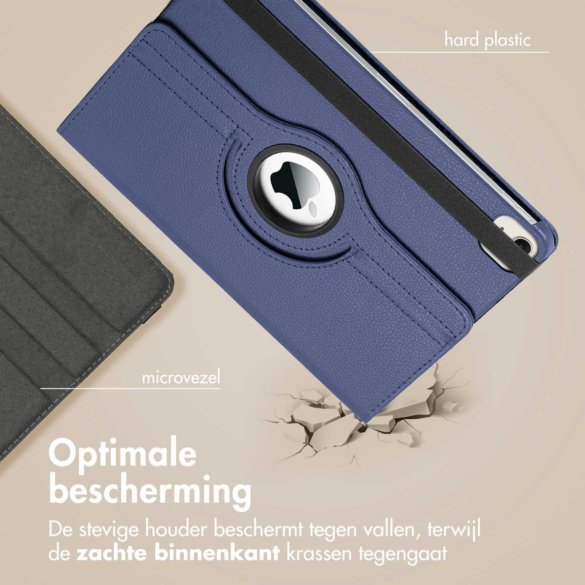 A blue tablet case with a soft interior. It has a rotating stand and a hard plastic exterior for optimal protection.