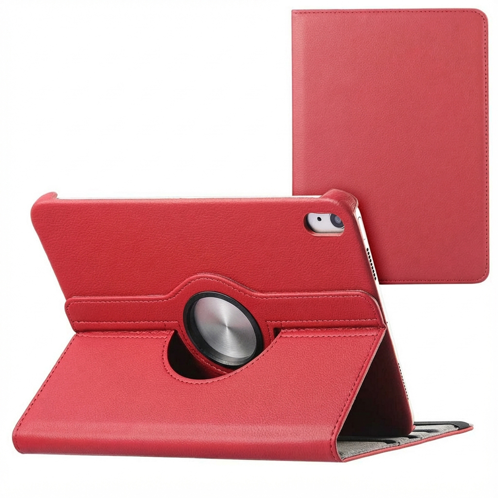 Red tablet case with rotating stand. Shows the case folded to support the tablet and a separate cover.