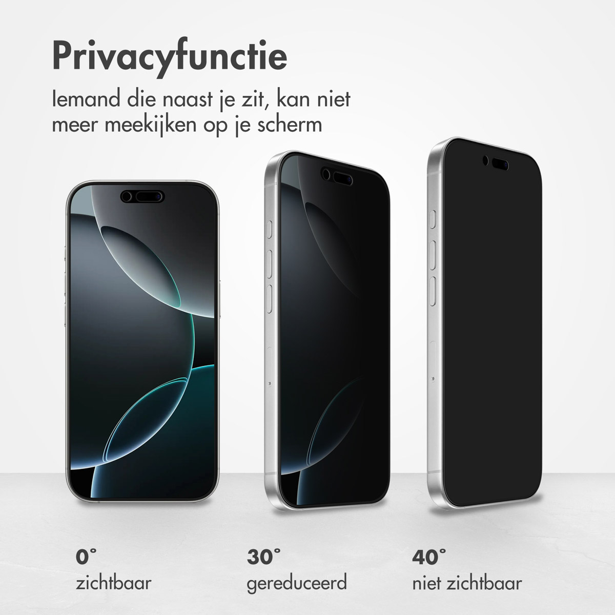 Three smartphones with privacy screen. The angle varies from 0 to 40 degrees, showing the screen's visibility.