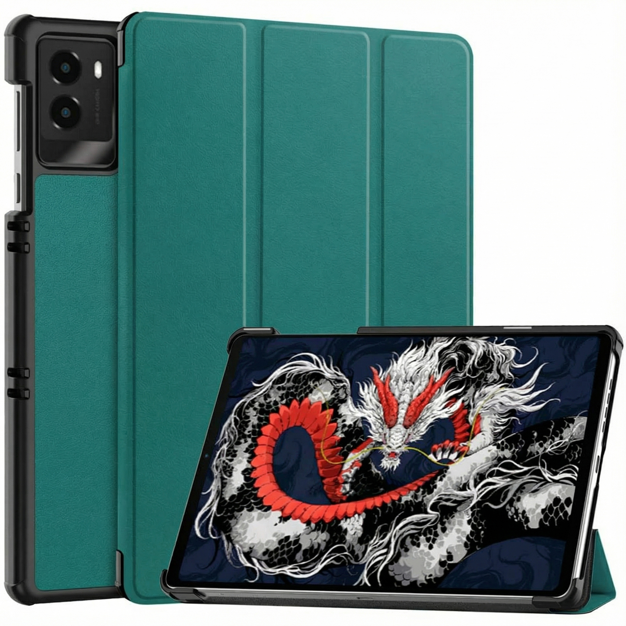 Een tablet in een teal hoesje met een drakenontwerp. Een telefoonhoesje is ook zichtbaar. De achtergrond is wit.