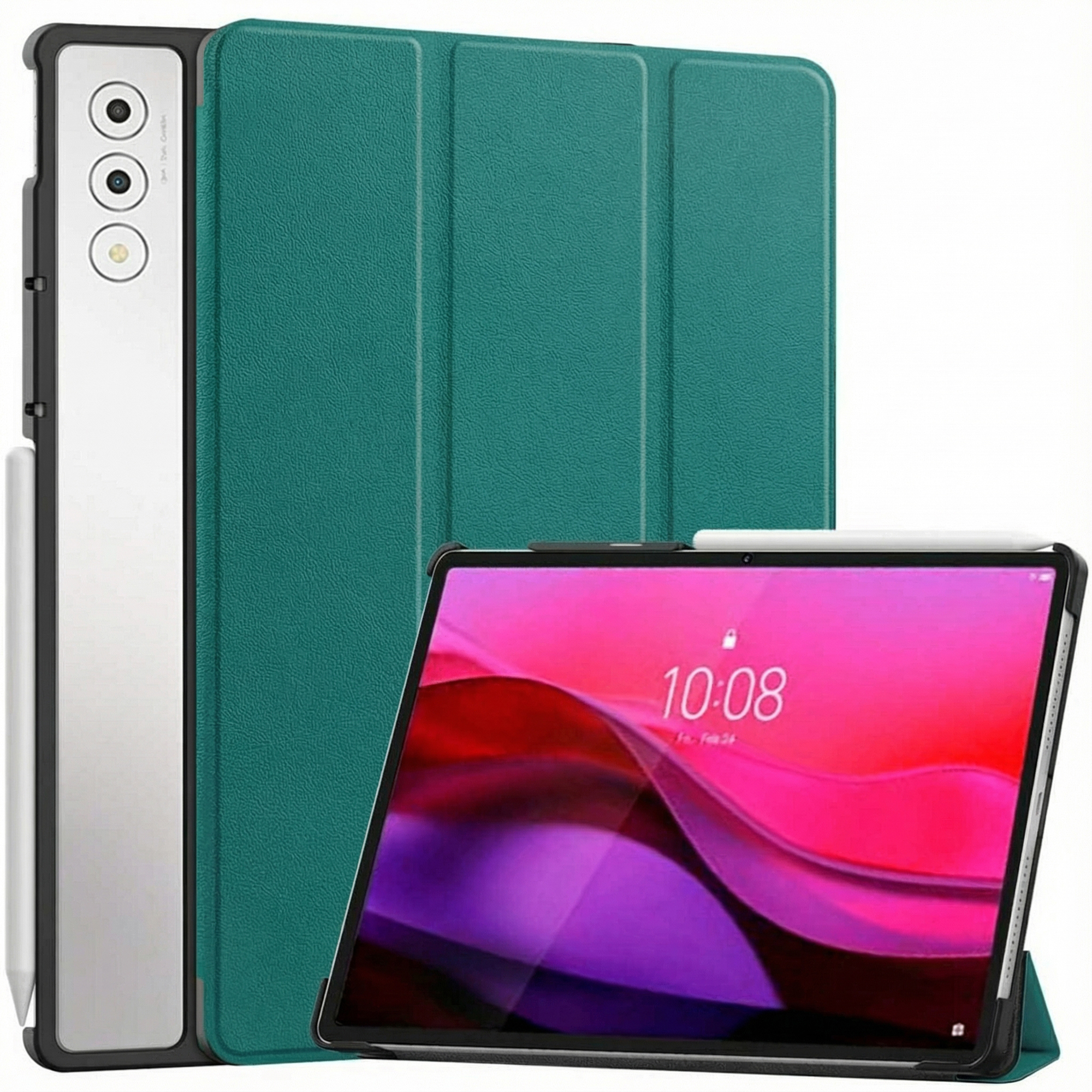 Tablet with green cover, stylus, and display showing time. Tablet case is teal.