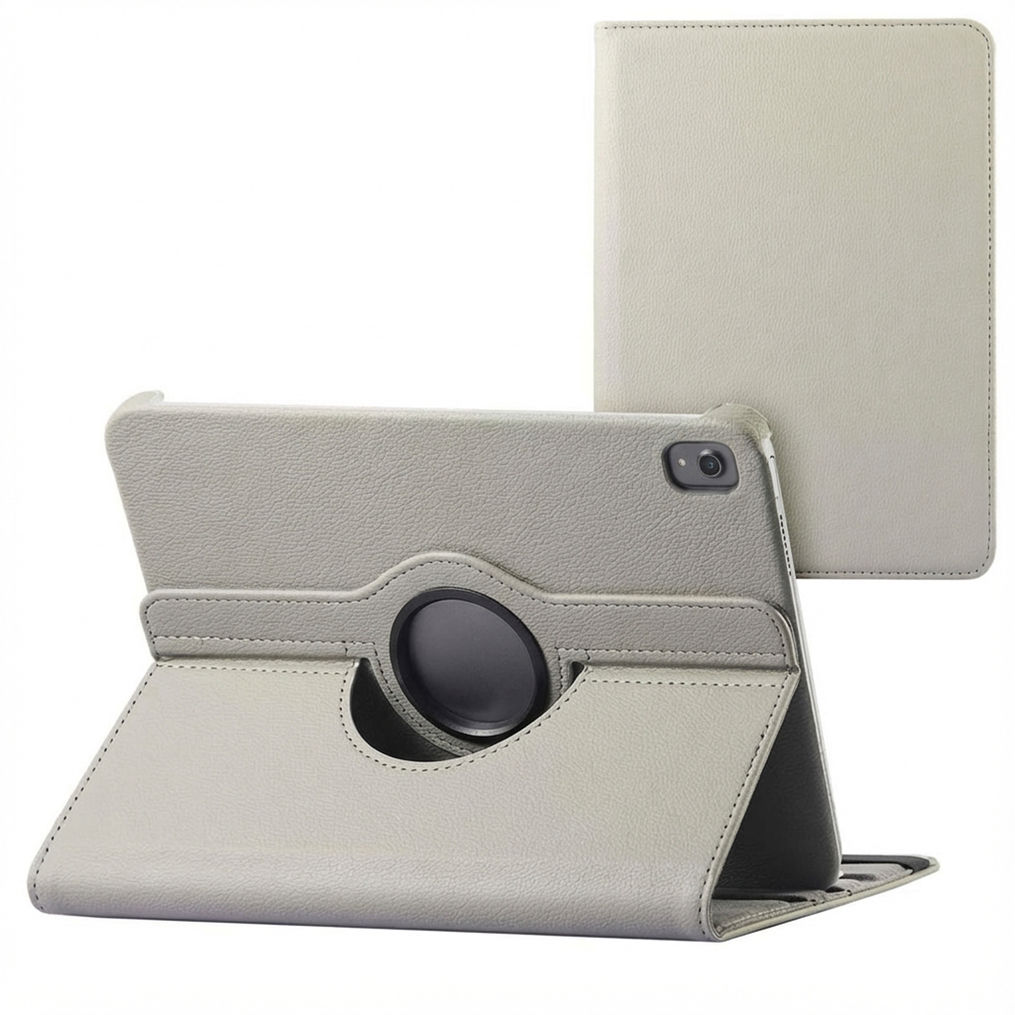 Een grijze tablethoes wordt getoond. De hoes is open, met de tablet erin. Er staat een andere hoes aan de zijkant. Beide zijn grijs.