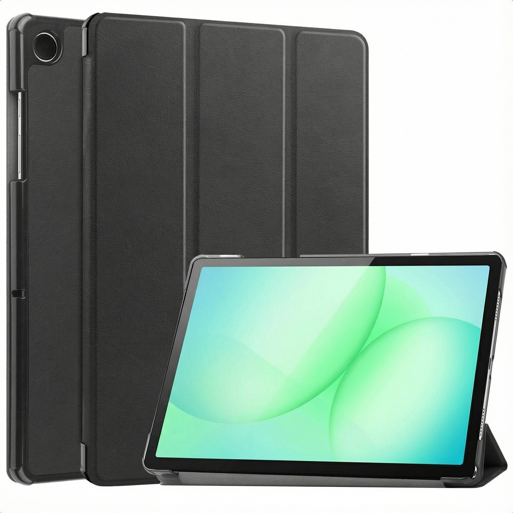 Une tablette noire avec un étui est affichée. L'écran affiche un design vert et blanc. L'étui est ouvert.