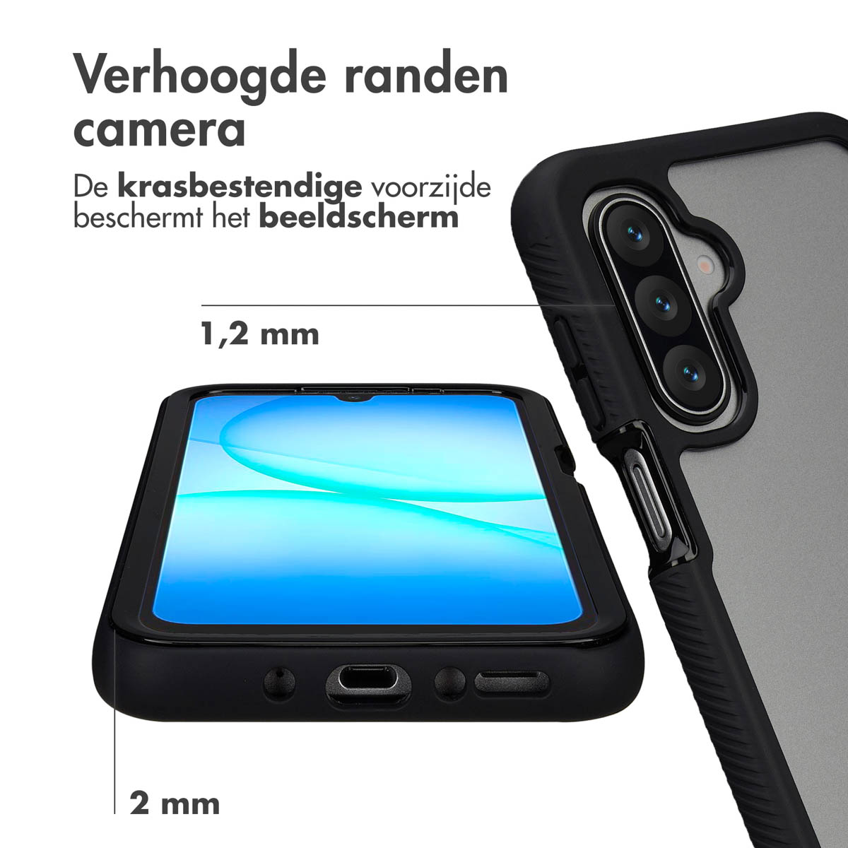 A phone in a black case is shown, with details on raised edges for the camera and screen protection, and measurements.