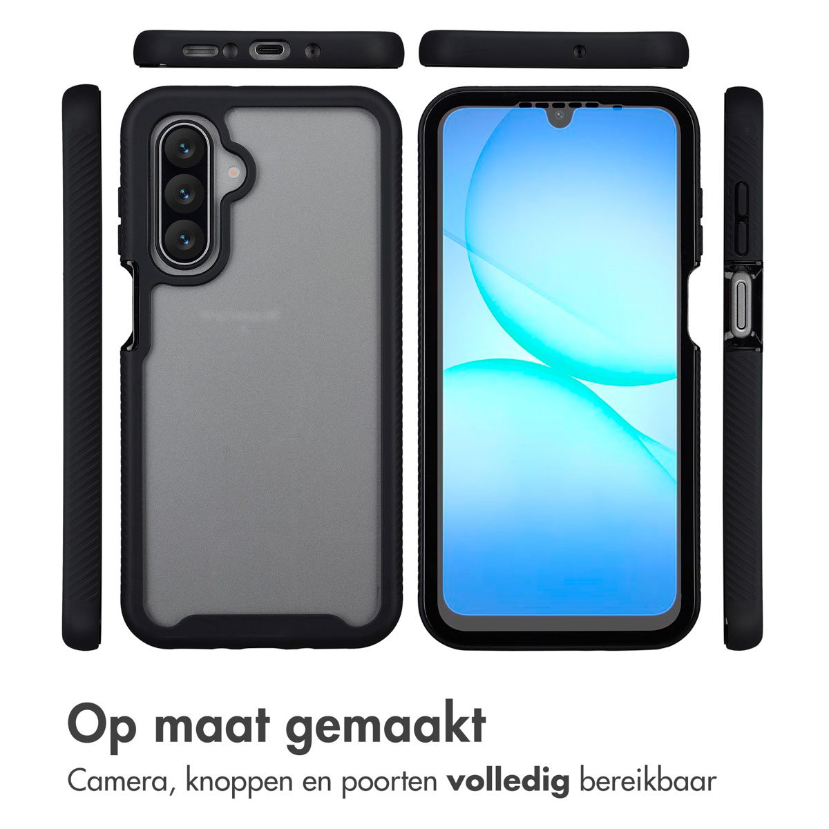 Phone case, black, with a phone inside. The case has openings for the camera and ports. Text: Op maat gemaakt.