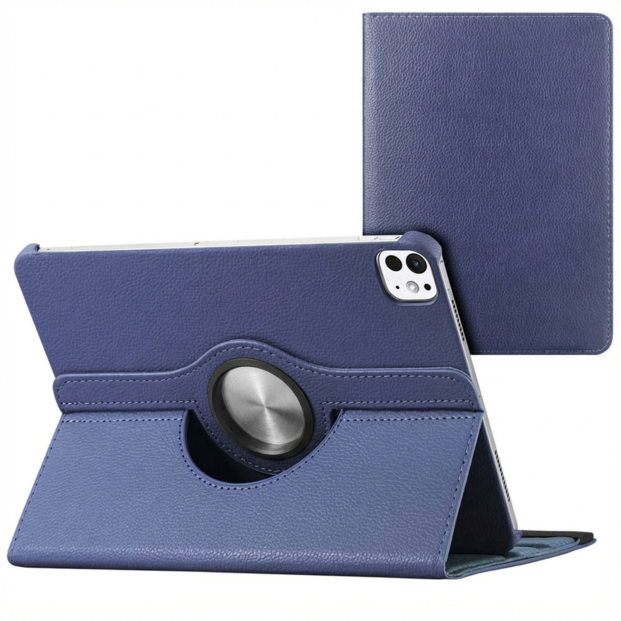 Blauwe leren tablethoes in standaard. Toont tablet met camera en een aparte hoes. Zilveren draairing in het midden.