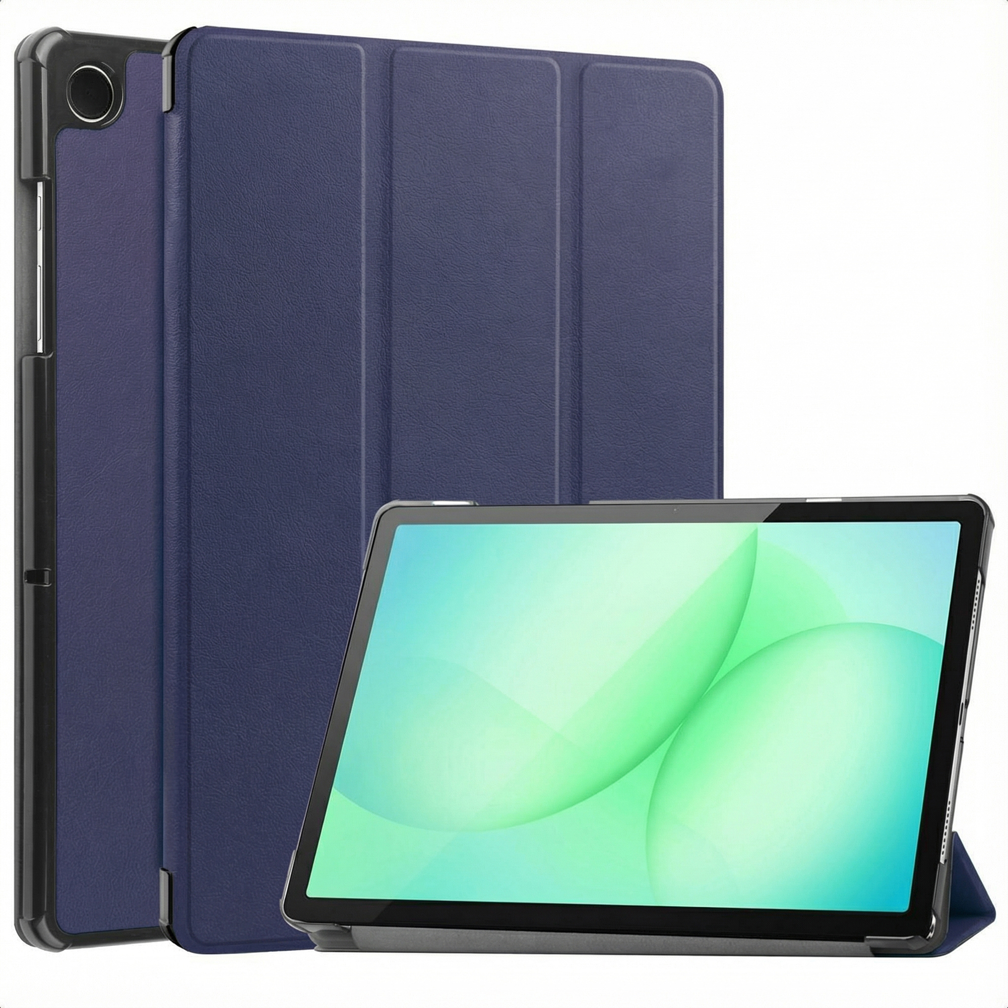 Een tablet met een blauwe hoes en een scherm met groene en blauwe verlopen wordt weergegeven.