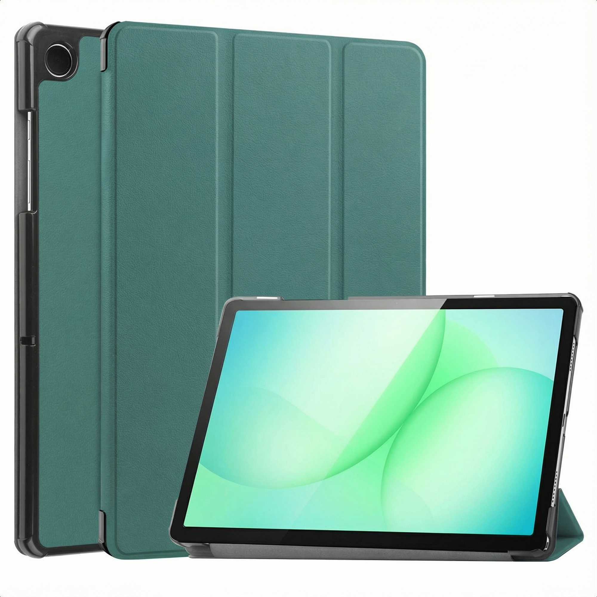 Une tablette dans un étui vert, affichée ouverte et fermée. L'écran affiche un motif vert et blanc.